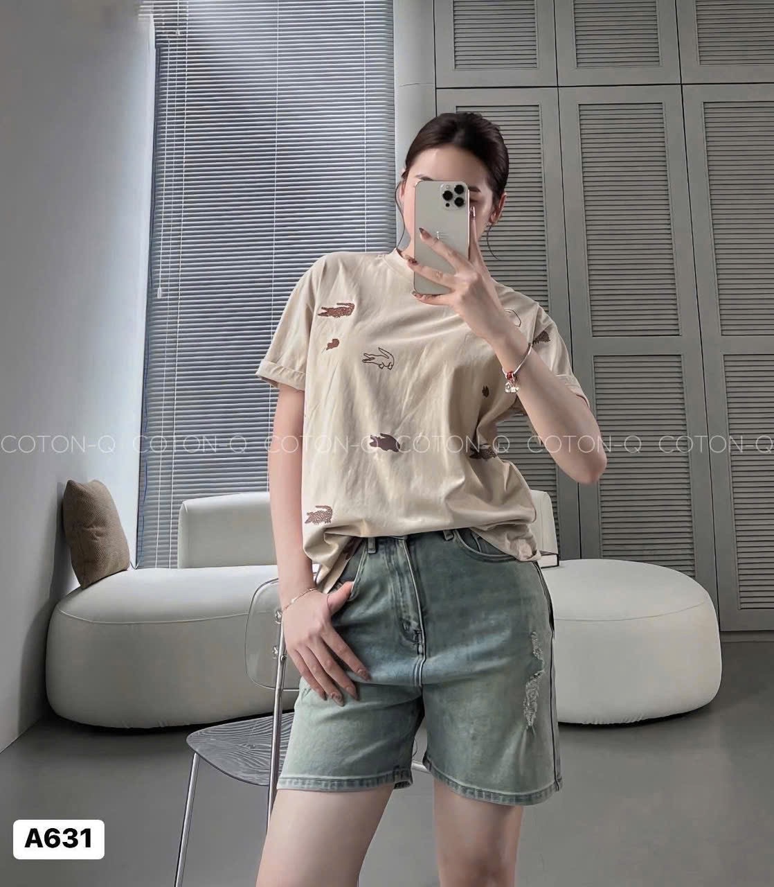 ÁO PHÔNG CỘC TAY THÊU CÁ SẤU 2 MÀU BE ĐEN