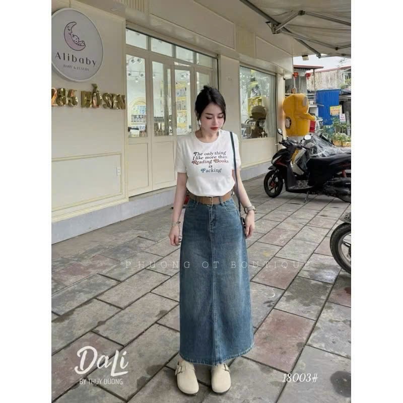 CHÂN VÁY JEAN XANH DÁNG DÀI