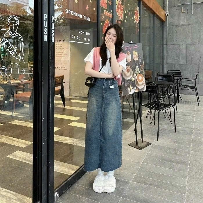 CHÂN VÁY JEAN XANH DÁNG DÀI