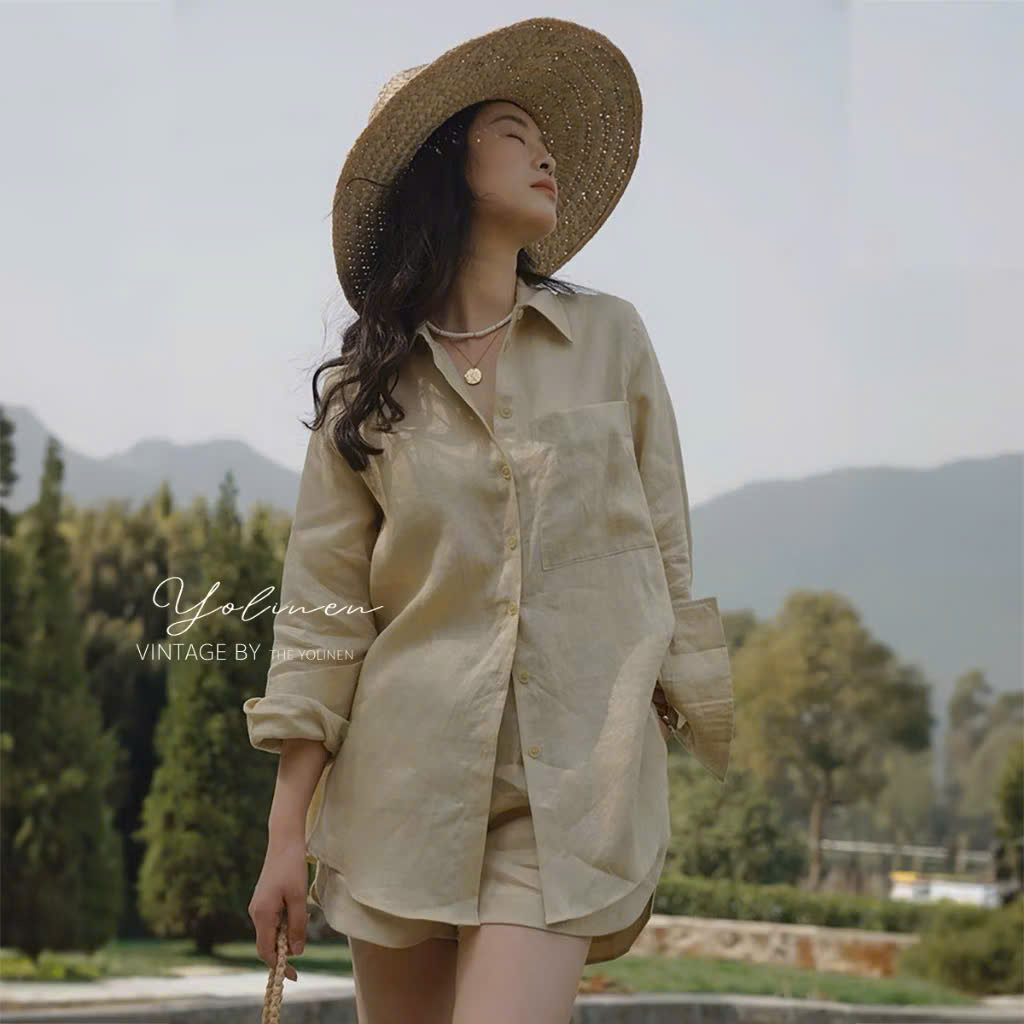 BỘ SƠ MI NỮ LINEN MÀU BE PHONG CÁCH VINTAGE