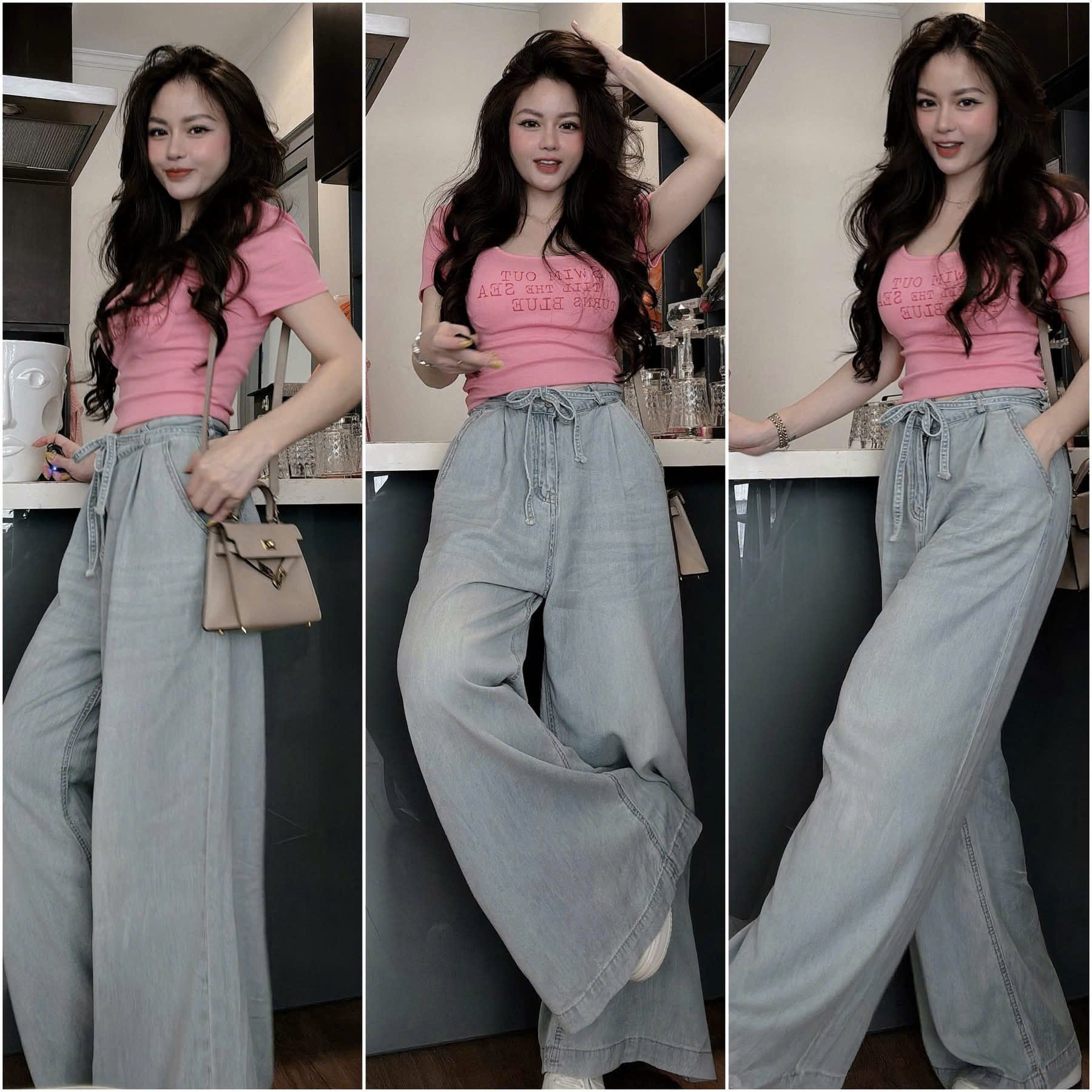 SET ÁO PHÔNG HỒNG CHỮ QUẦN JEAN SUÔNG