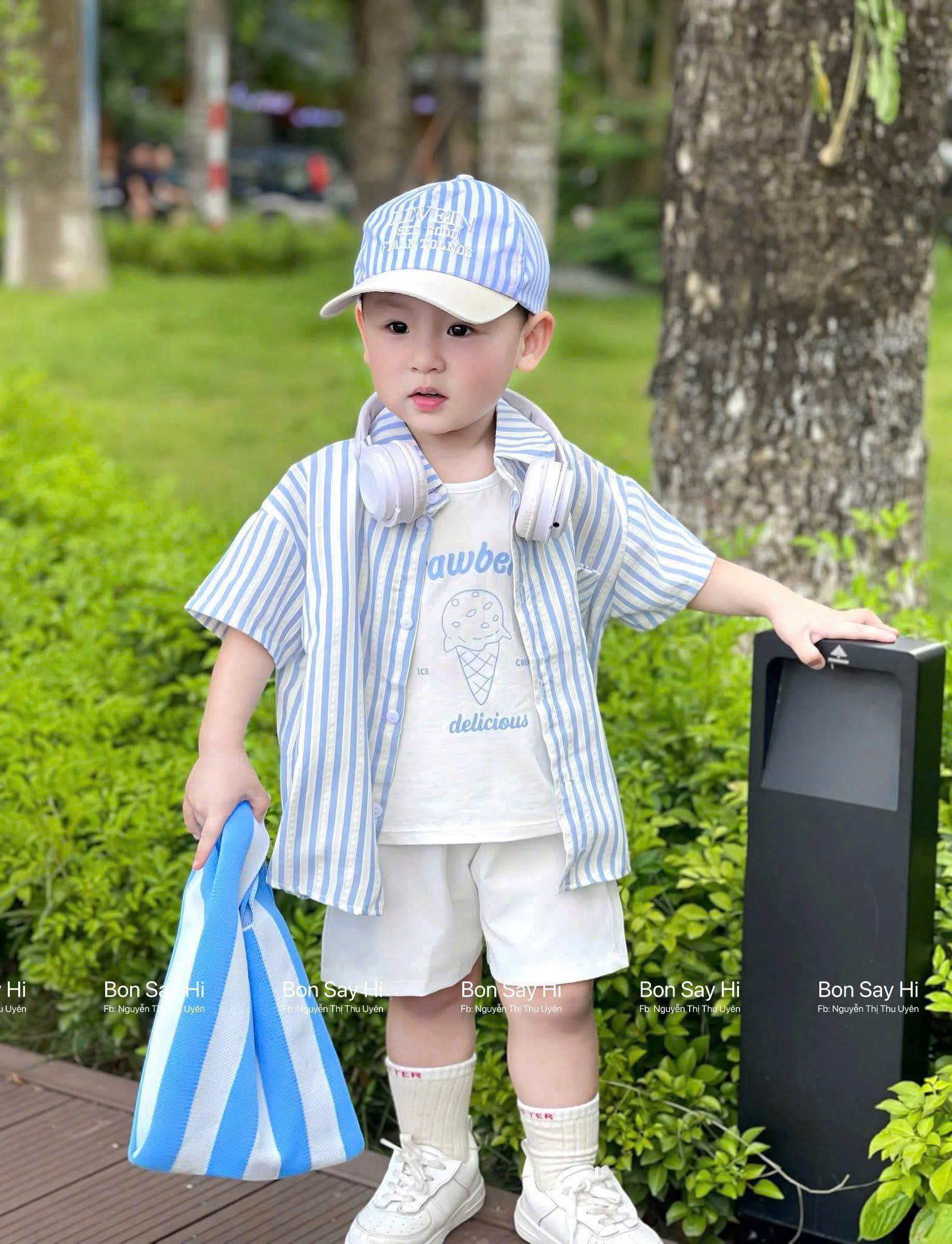 SÉT BỘ SƠ MI KẺ SỌC KÈM MŨ CHO BÉ TRAI