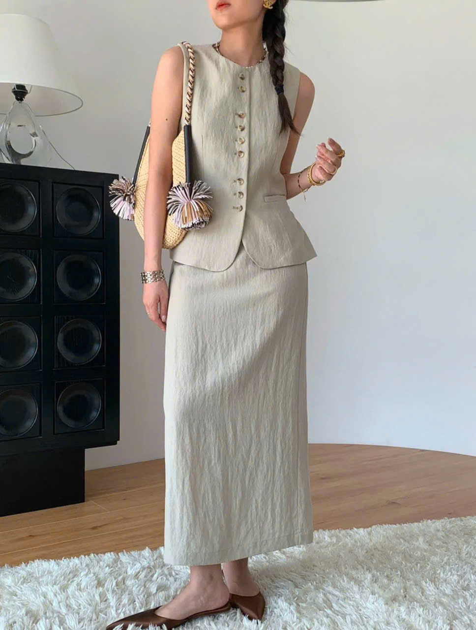 SET ĐŨI MÀU BE SÁT NÁCH KHUY DỪA MIX CHÂN VÁY