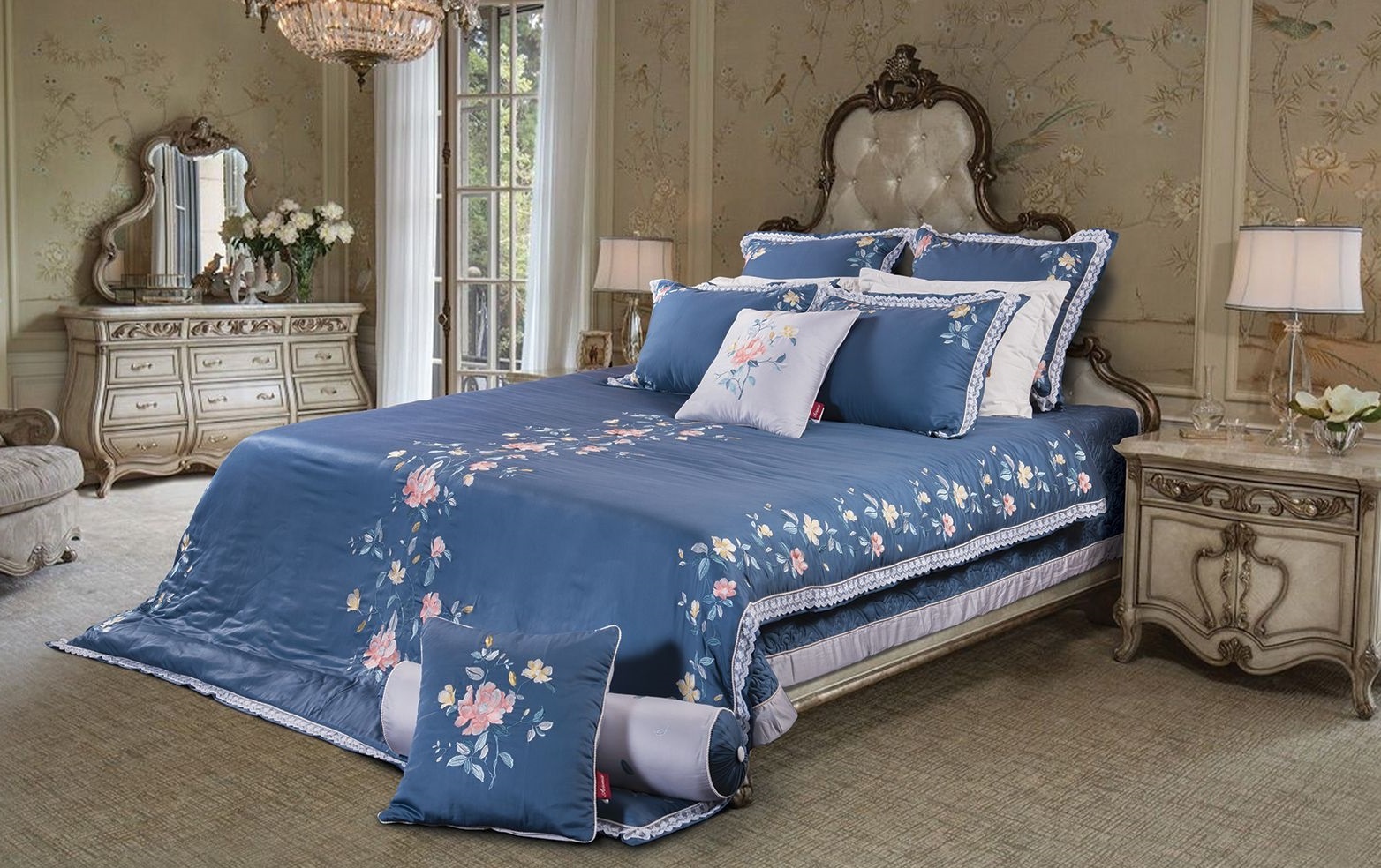 Bộ chăn ga Artemis cao cấp ASM 19104 màu xanh họa tiết thêu hoa vải Modal cao cấp
