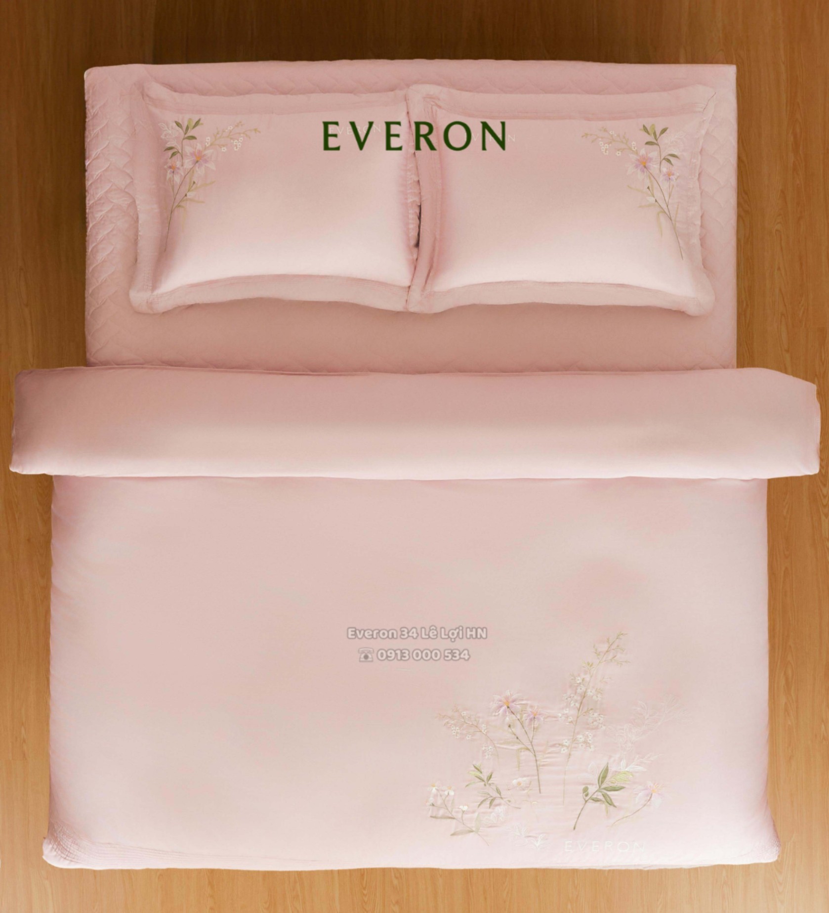 Bộ chăn ga gối EVERON ESM 26004 Đồng ca hoa cỏ màu hồng thêu, vải Modal
