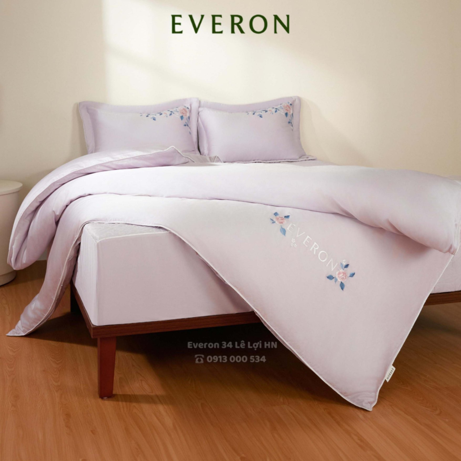 Bộ chăn ga gối EVERON ESTC 26003 Mẫu đơn tím màu hồng tím thêu, vải Tencel Blend