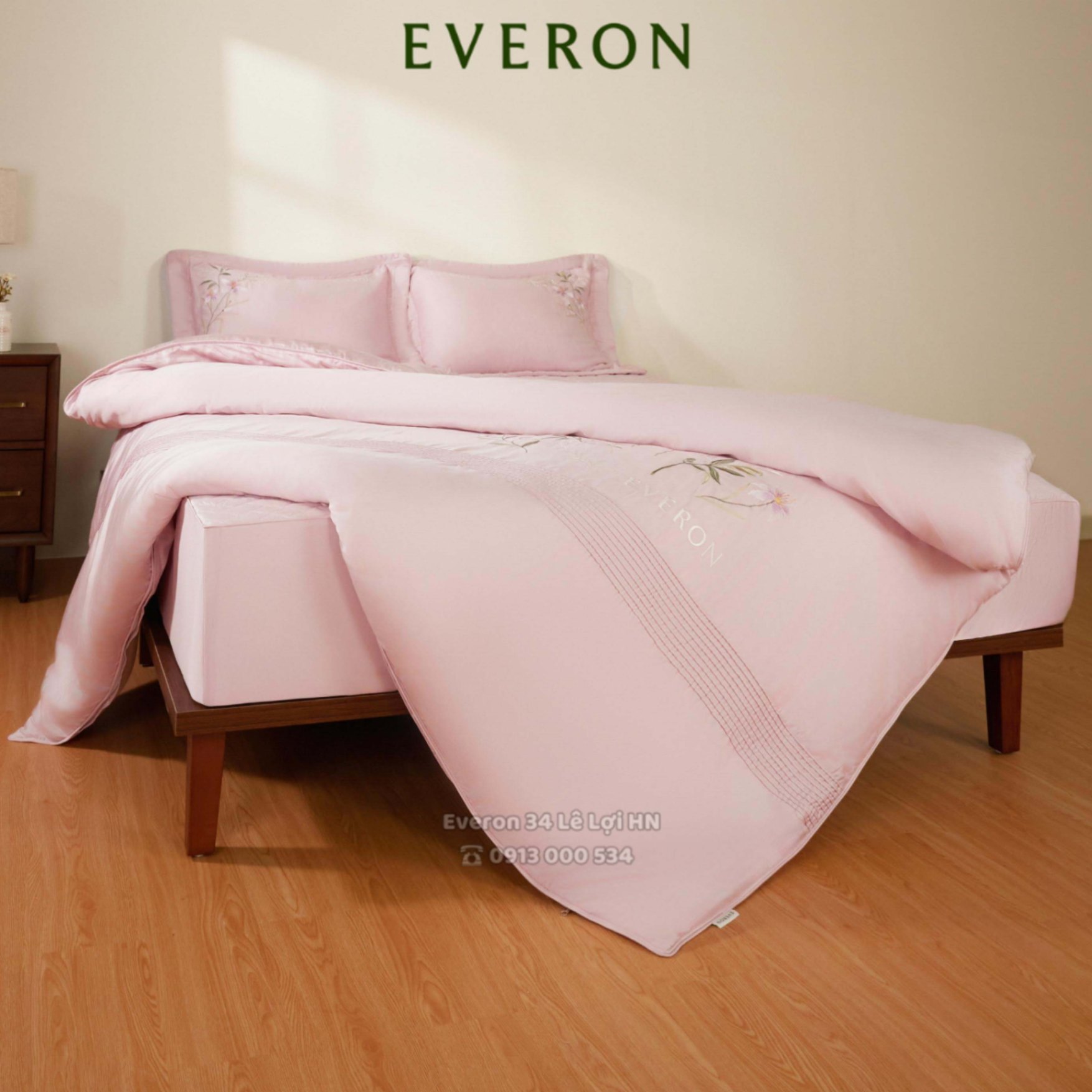 Bộ chăn ga gối EVERON ESM 26004 Đồng ca hoa cỏ màu hồng thêu, vải Modal