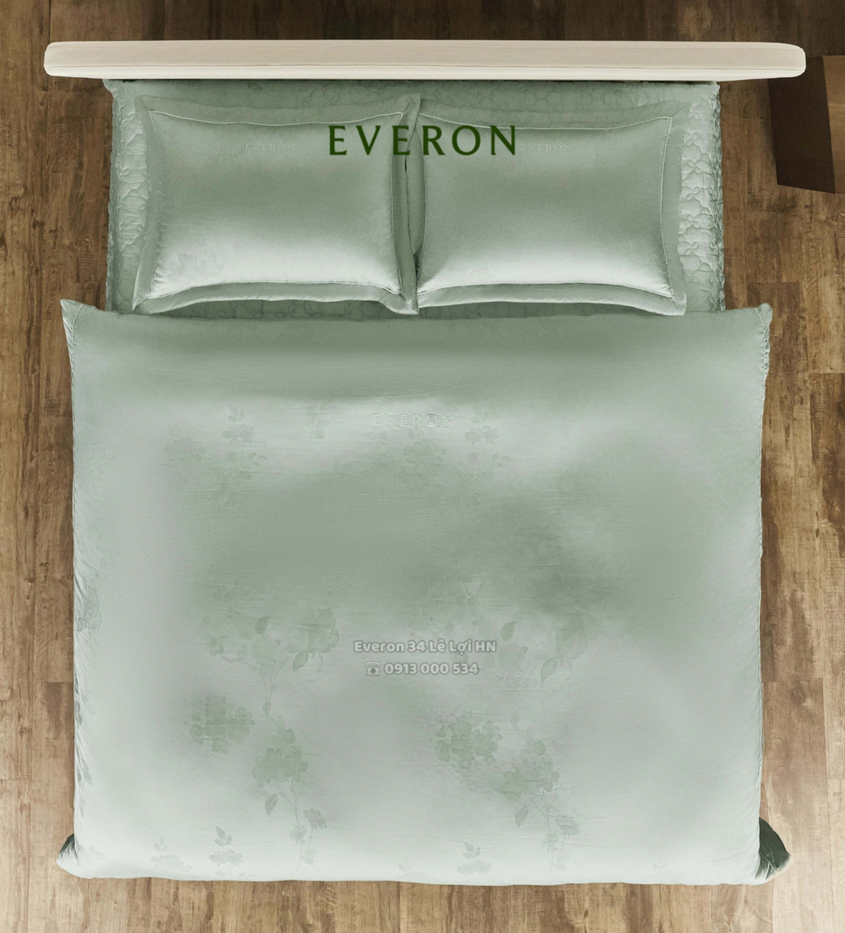 Bộ chăn ga gối EVERON ESTJ 26009 Hồng tỉ muội màu hoa xanh ghi, vải Tencel Jacquard cao cấp