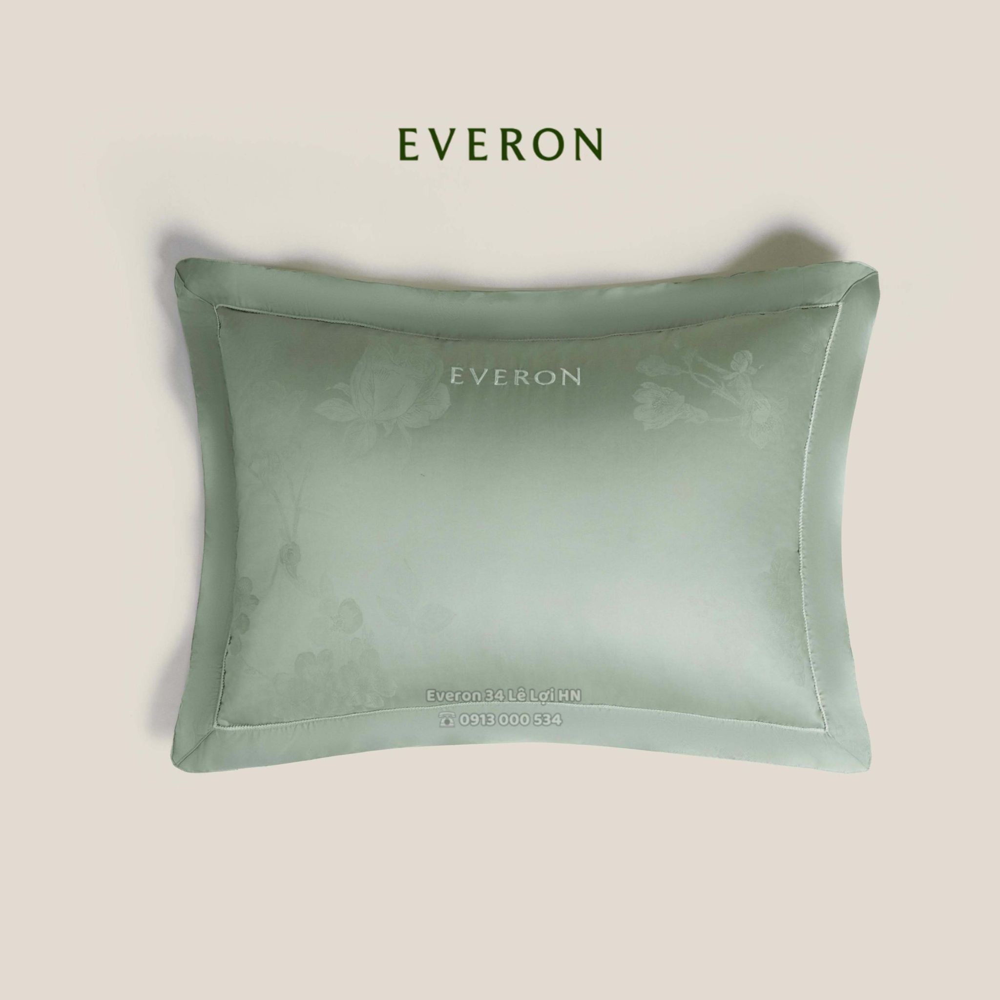 Bộ chăn ga gối EVERON ESTJ 26009 Hồng tỉ muội màu hoa xanh ghi, vải Tencel Jacquard cao cấp