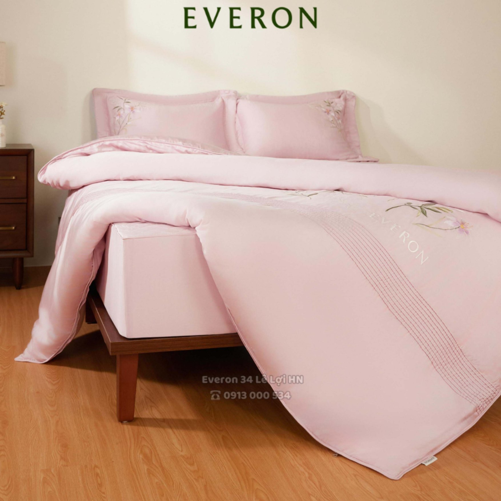 Bộ chăn ga gối EVERON ESM 26004 Đồng ca hoa cỏ màu hồng thêu, vải Modal