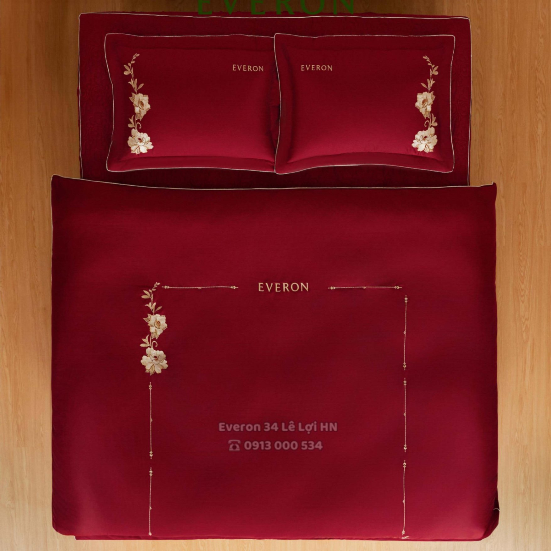 Bộ chăn ga gối EVERON ESTC 26007 Cẩm chướng đỏ thêu sang trọng vải Tencel Blend