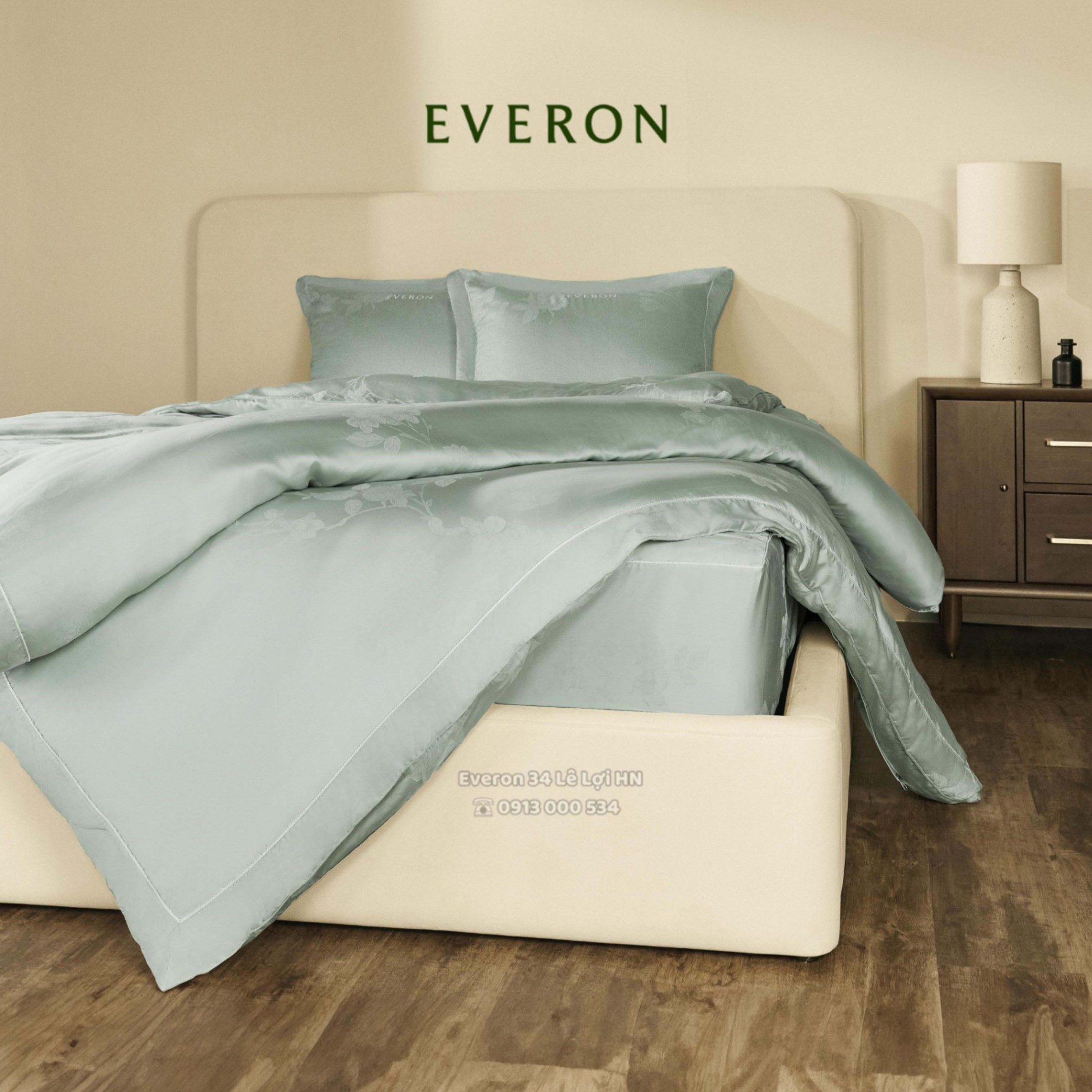 Bộ chăn ga gối EVERON ESTJ 26009 Hồng tỉ muội màu hoa xanh ghi, vải Tencel Jacquard cao cấp