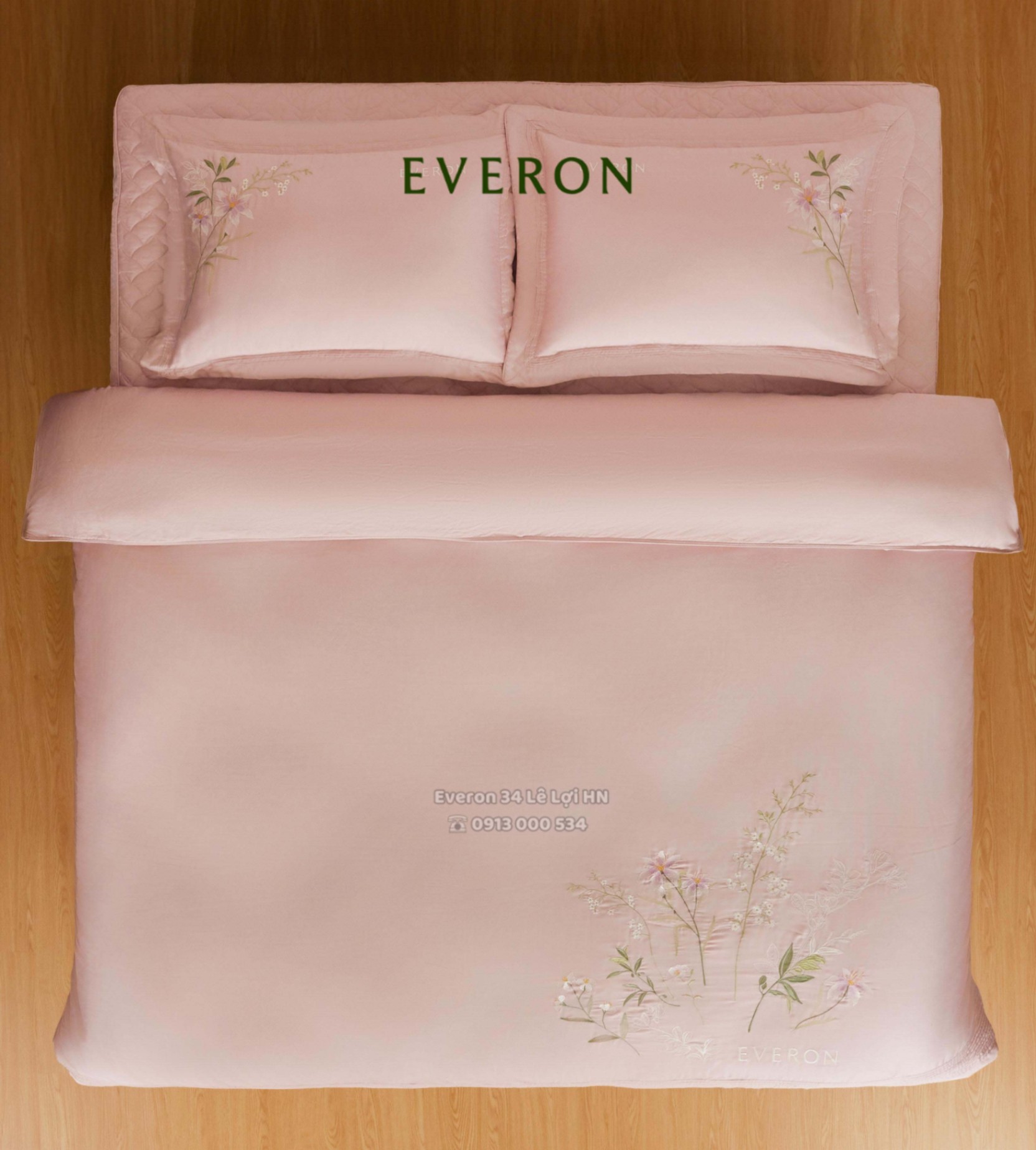 Bộ chăn ga gối EVERON ESM 26004 Đồng ca hoa cỏ màu hồng thêu, vải Modal