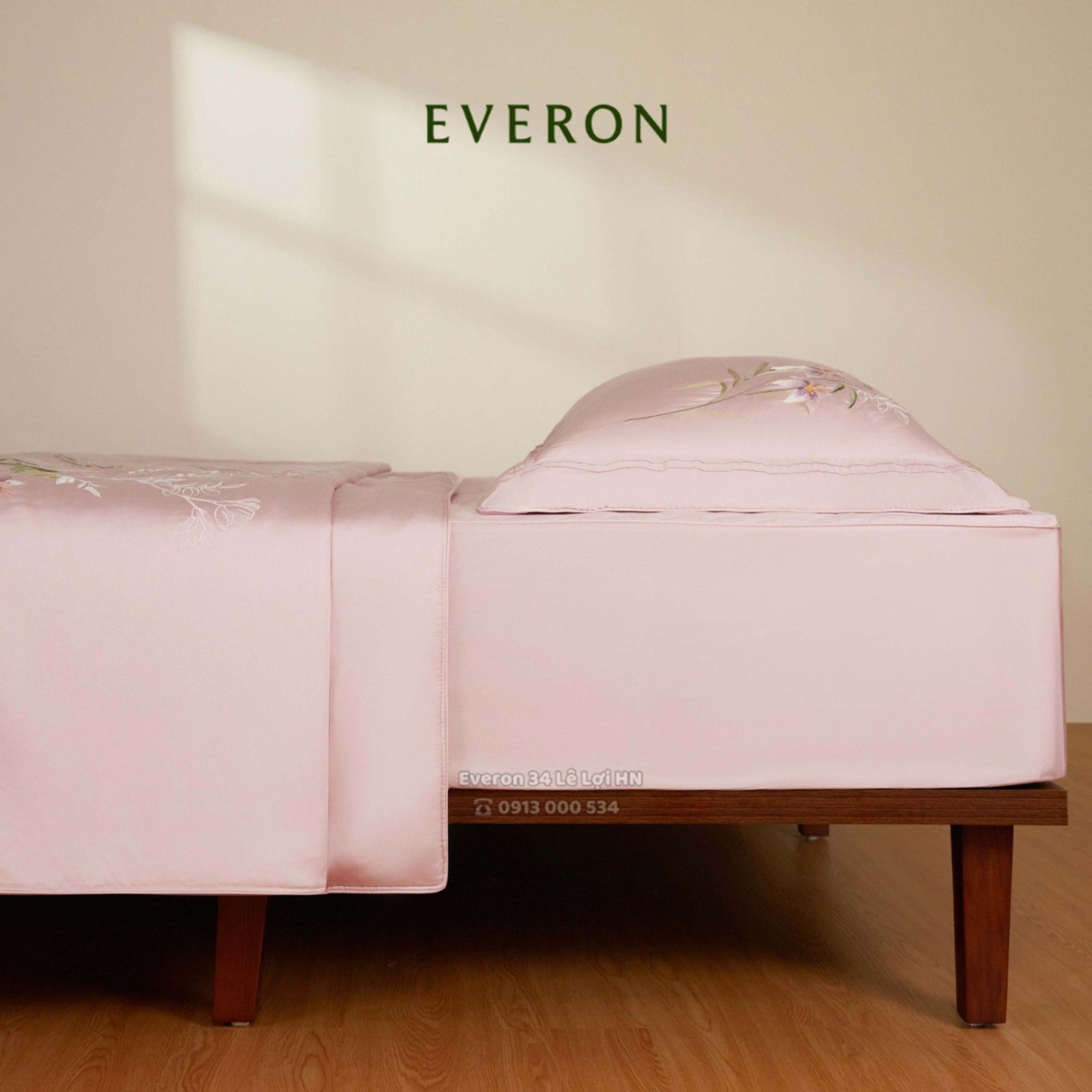 Bộ chăn ga gối EVERON ESM 26004 Đồng ca hoa cỏ màu hồng thêu, vải Modal