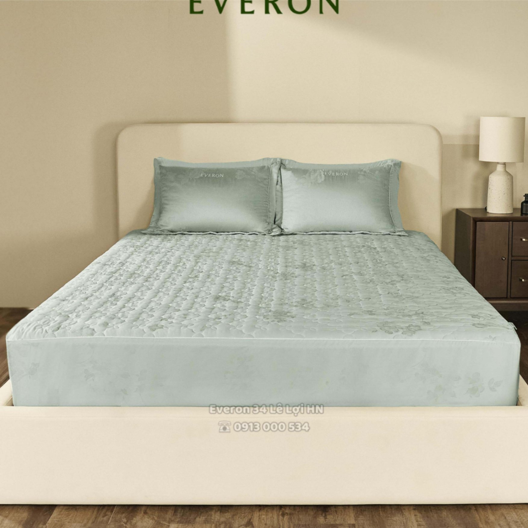 Bộ chăn ga gối EVERON ESTJ 26009 Hồng tỉ muội màu hoa xanh ghi, vải Tencel Jacquard cao cấp