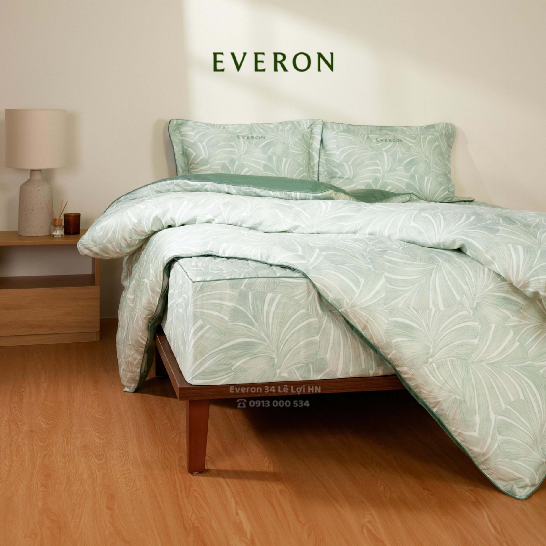 Bộ chăn ga gối EVERON màu xanh EPT 26015 Monstera, vải Tencel cao cấp