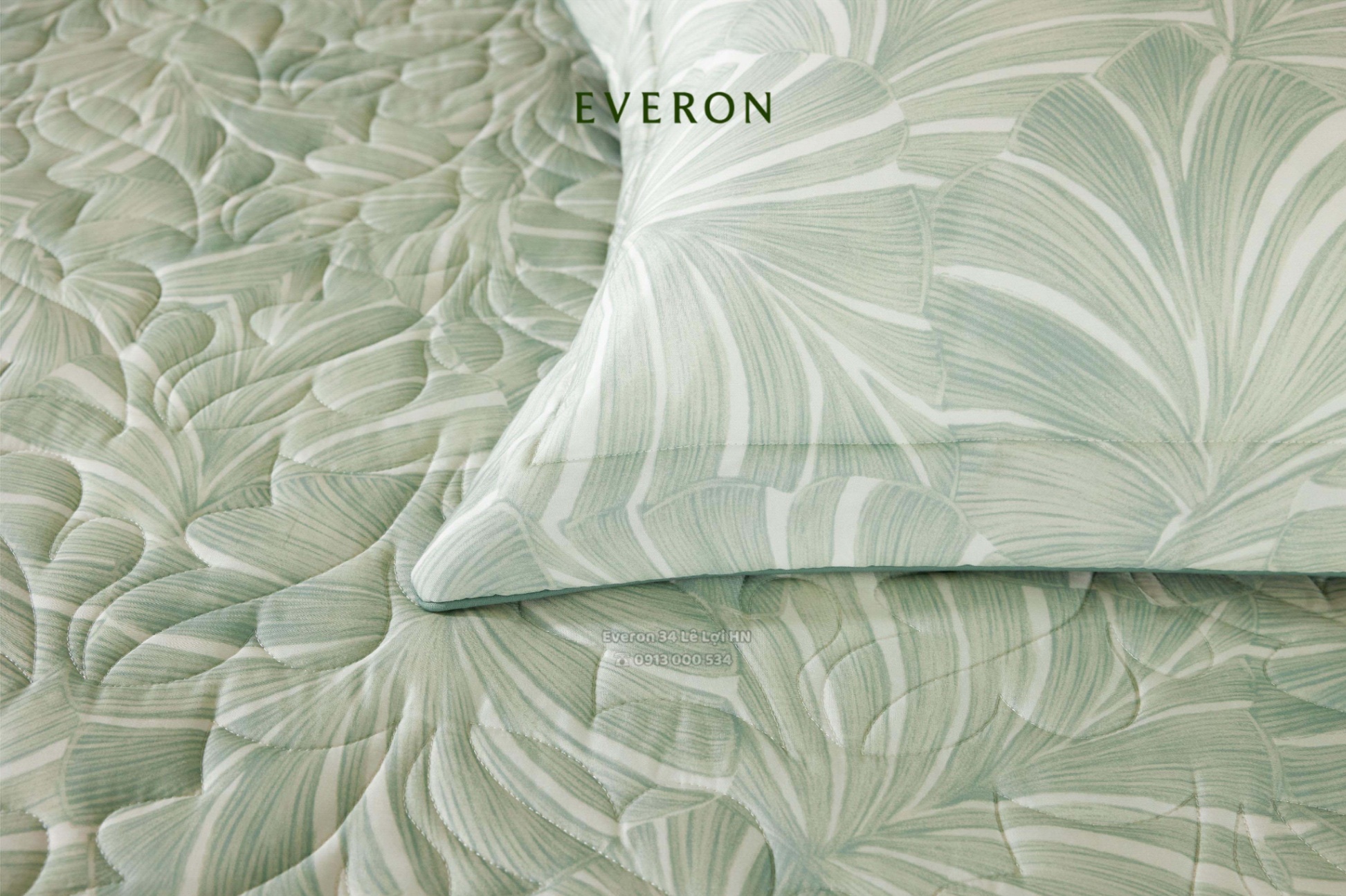 Bộ chăn ga gối EVERON màu xanh EPT 26015 Monstera, vải Tencel cao cấp