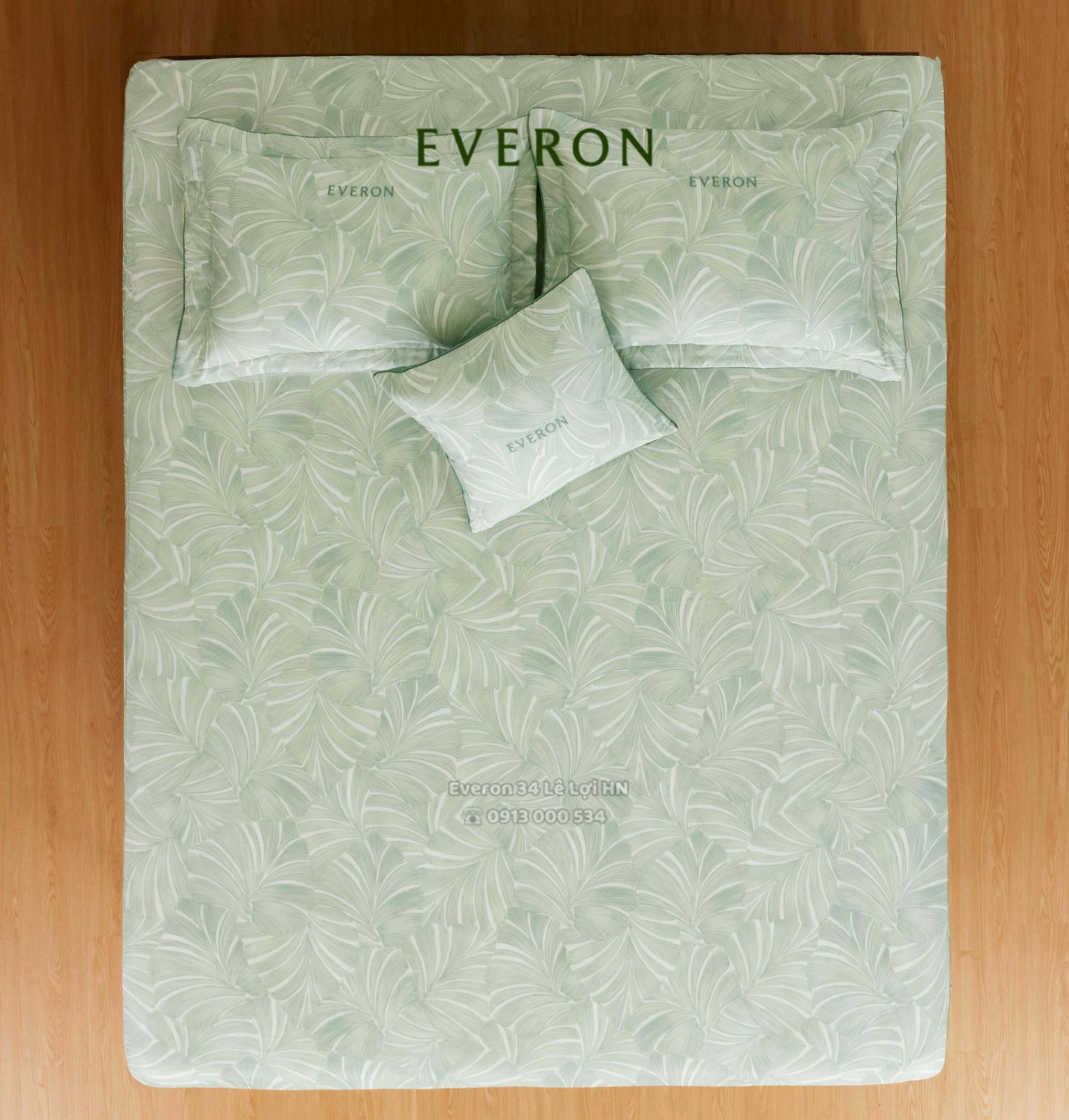 Bộ chăn ga gối EVERON màu xanh EPT 26015 Monstera, vải Tencel cao cấp