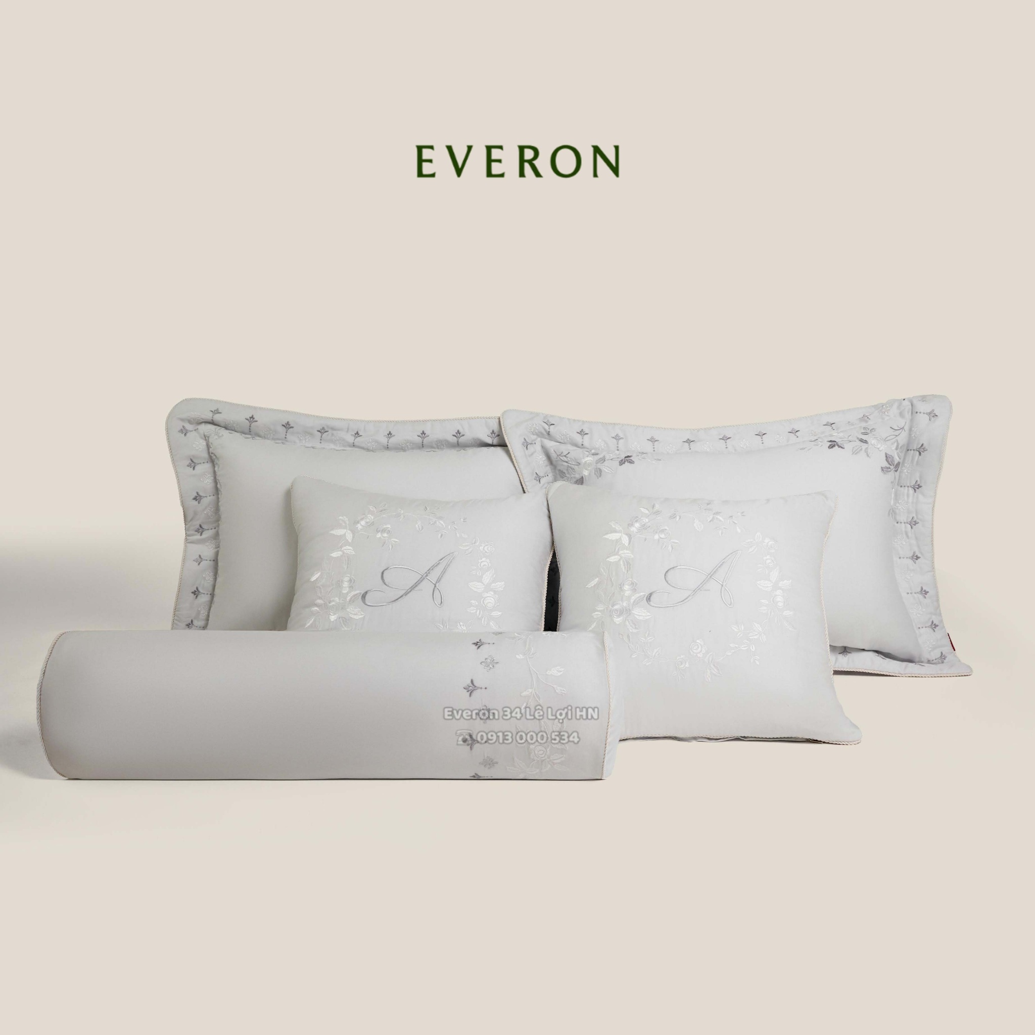 Bộ chăn ga Everon Artemis cao cấp ASBM 26101 màu platinum thêu vải lụa Silk - Cung điện Bạch Kim