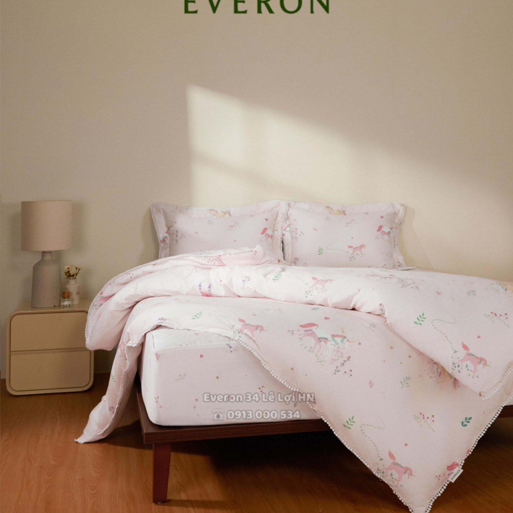 Bộ chăn ga gối EVERON màu hồng cho bé CPC 26203 Xứ sở thần tiên, vải Cotton Sateen