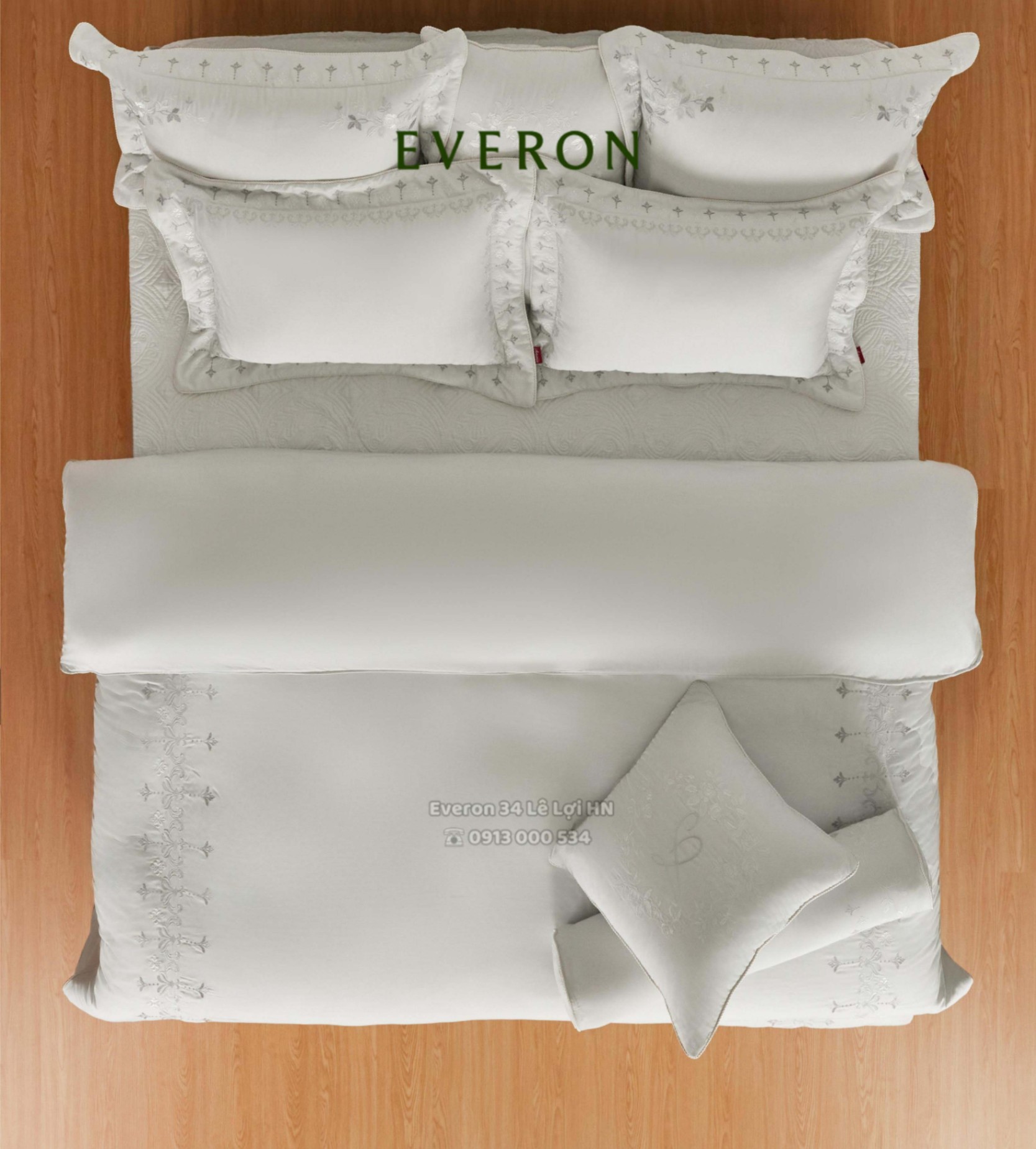 Bộ chăn ga Everon Artemis cao cấp ASBM 26101 màu platinum thêu vải lụa Silk - Cung điện Bạch Kim
