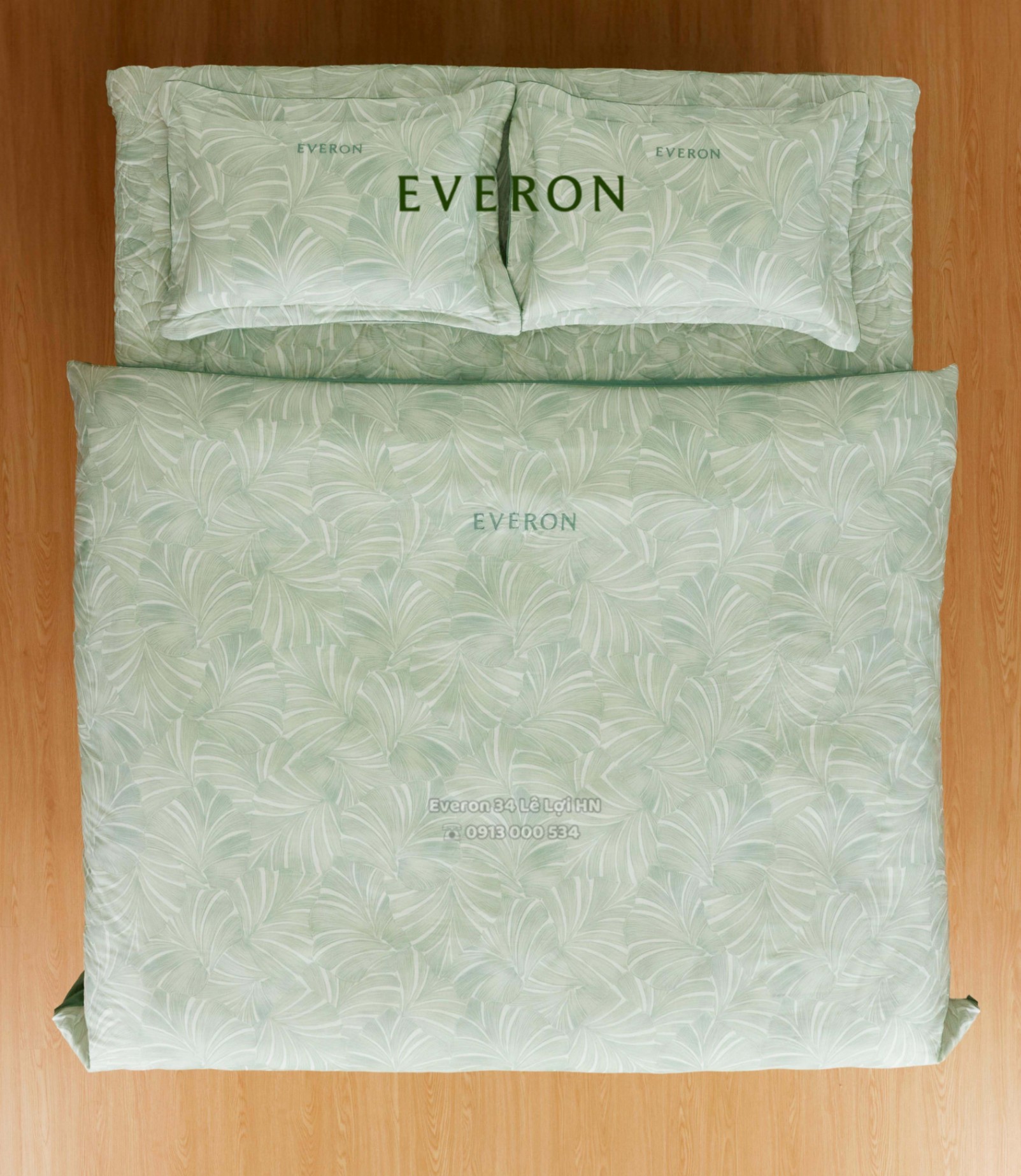 Bộ chăn ga gối EVERON màu xanh EPT 26015 Monstera, vải Tencel cao cấp