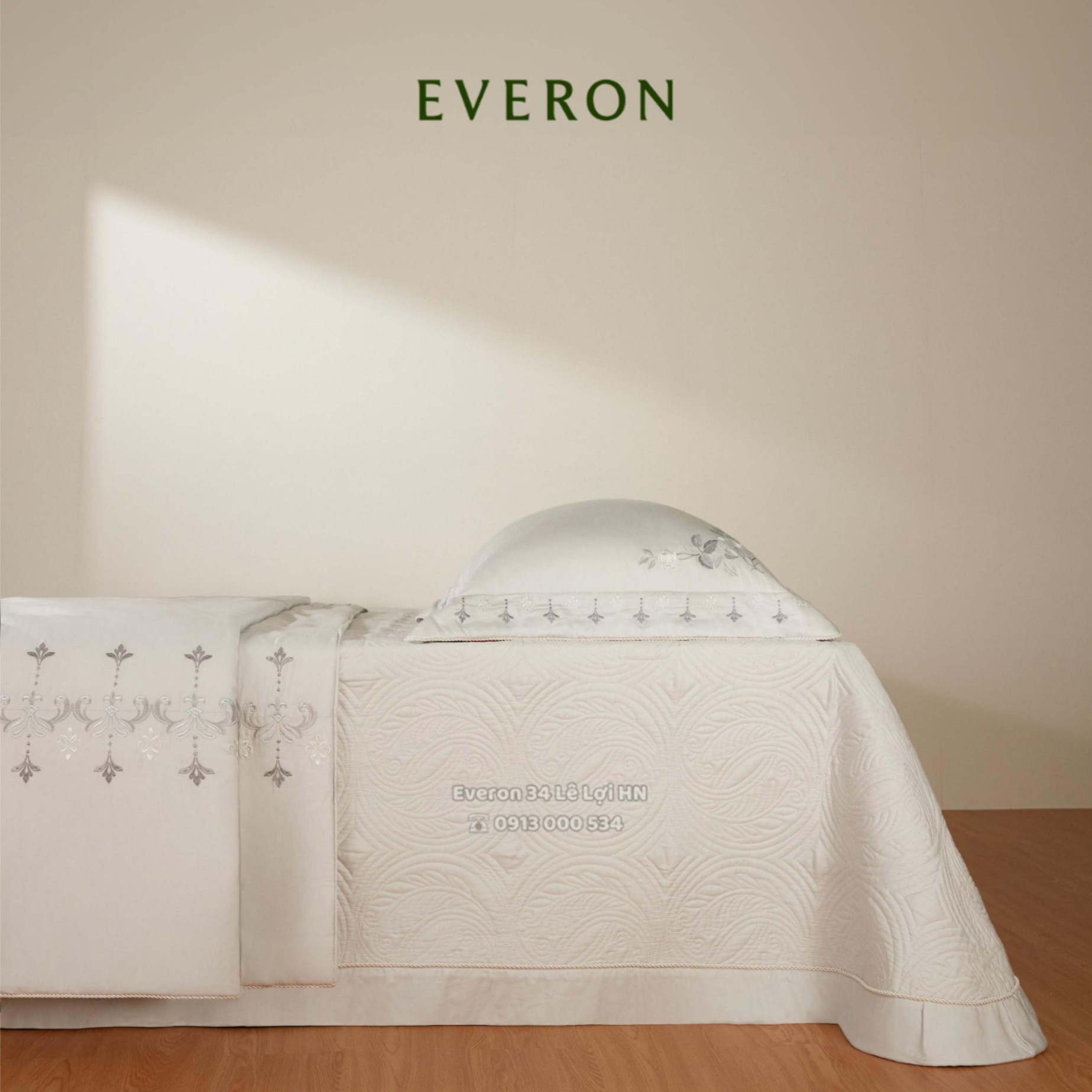 Bộ chăn ga Everon Artemis cao cấp ASBM 26101 màu platinum thêu vải lụa Silk - Cung điện Bạch Kim