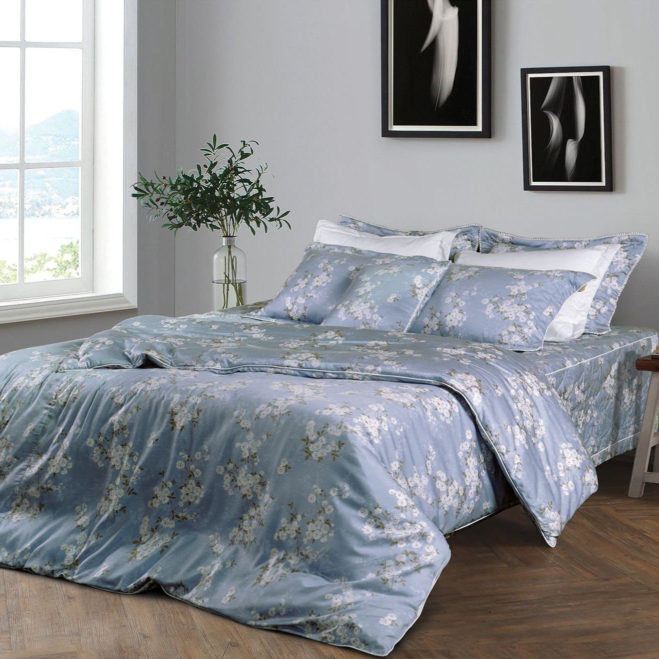 Bộ chăn ga Everon EPM 19065 vải Modal - Đóa hoa xanh thanh lịch