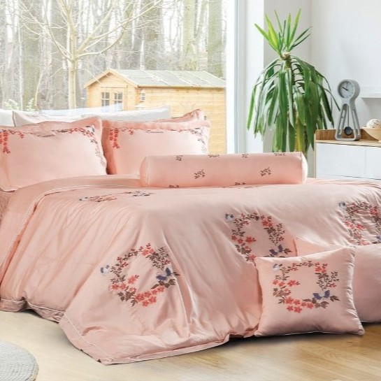 Bộ chăn ga Everon ESC 19002 vải cotton - Hồng pastel uyên ương hồ điệp