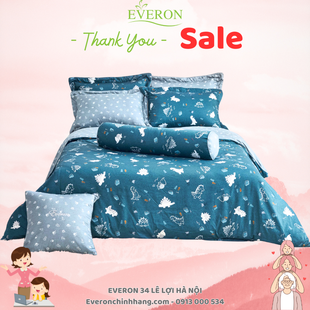 Mẫu Chăn ga PHỦ Everon EPC 21051 (Vải Cotton) hình khủng long xanh
