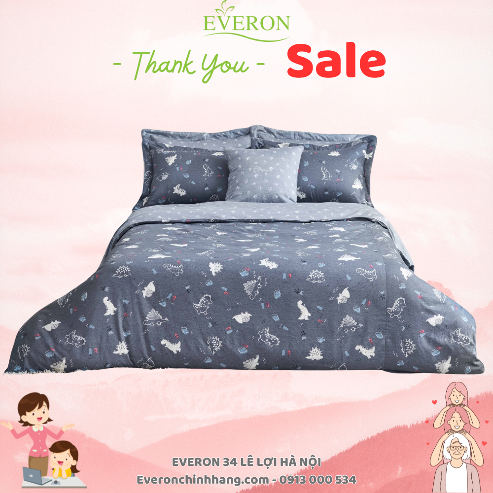 Mẫu Chăn ga PHỦ Everon EPC 21052 (Vải Cotton) hình khủng long ghi xám