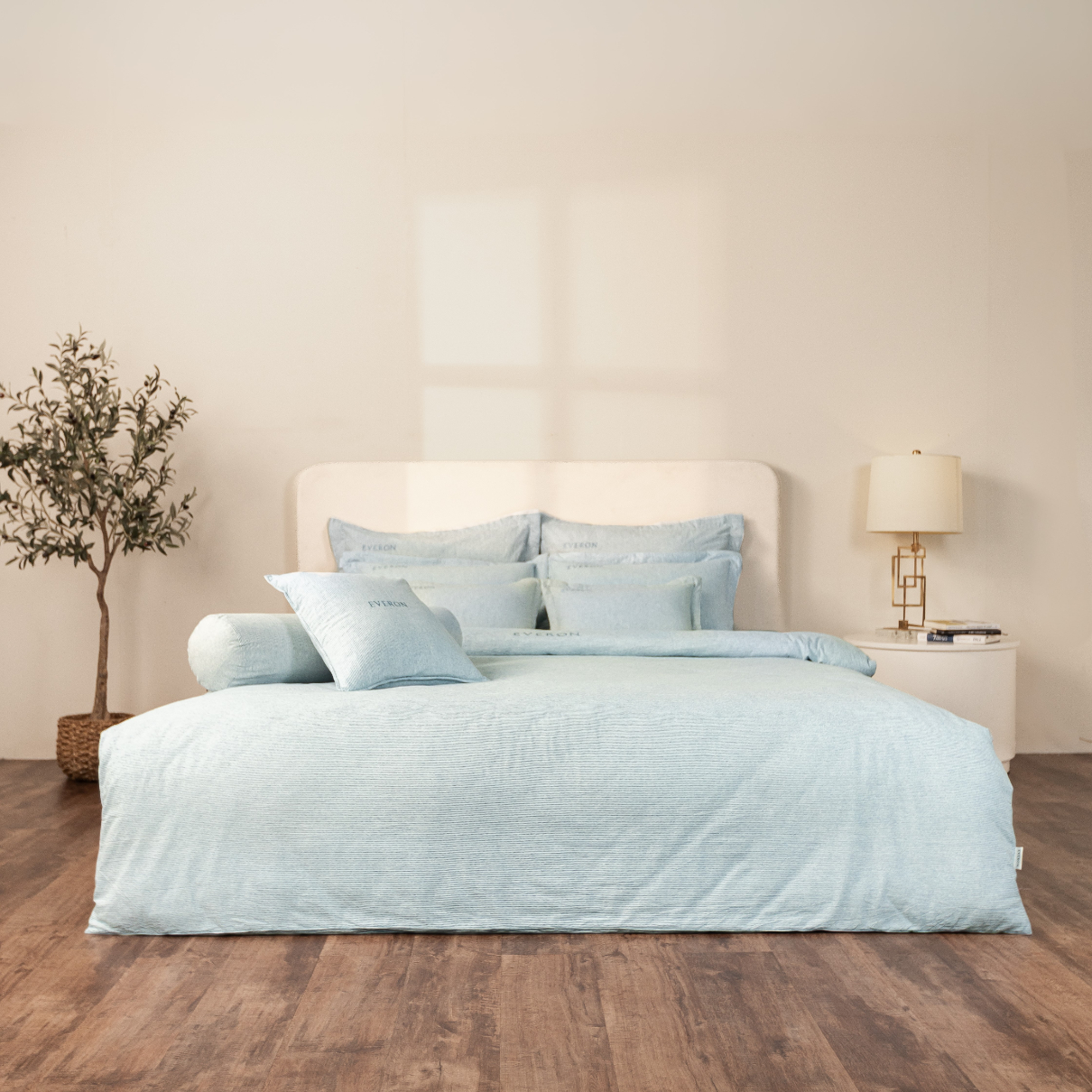 Mẫu chăn ga Everon màu kẻ xanh nhạt 100% cotton EPC 27036