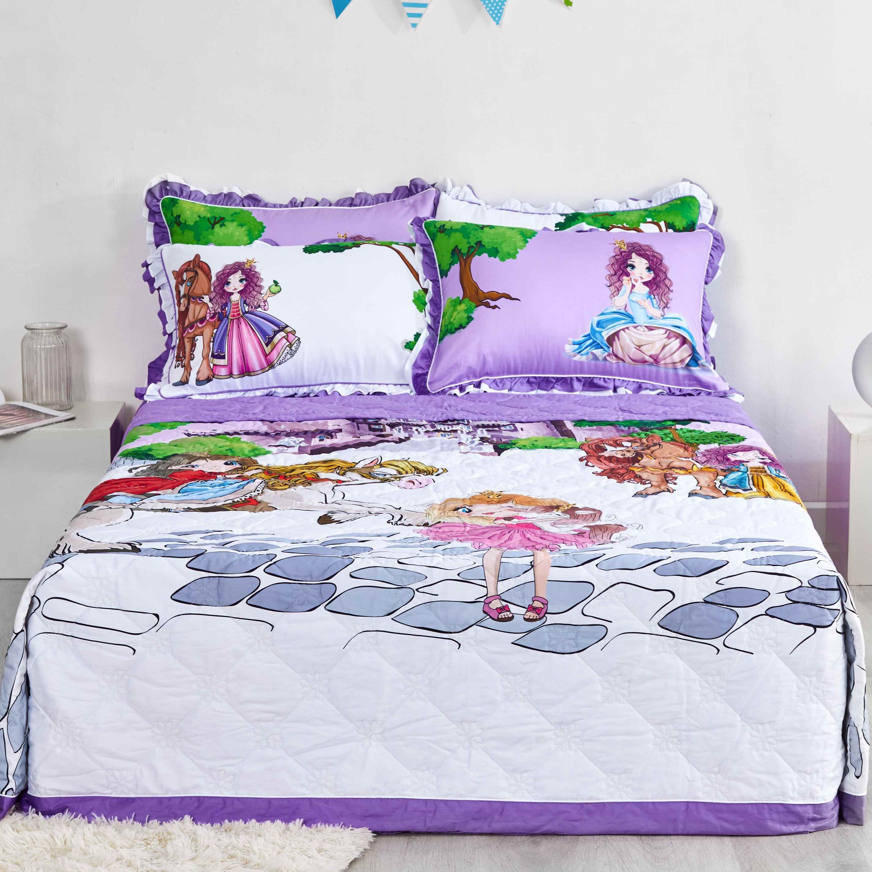 Mẫu chăn ga chun MỎNG/CHẦN Everon (Vải Cotton) Lâu đài công chúa màu tím trắng EPC 21054