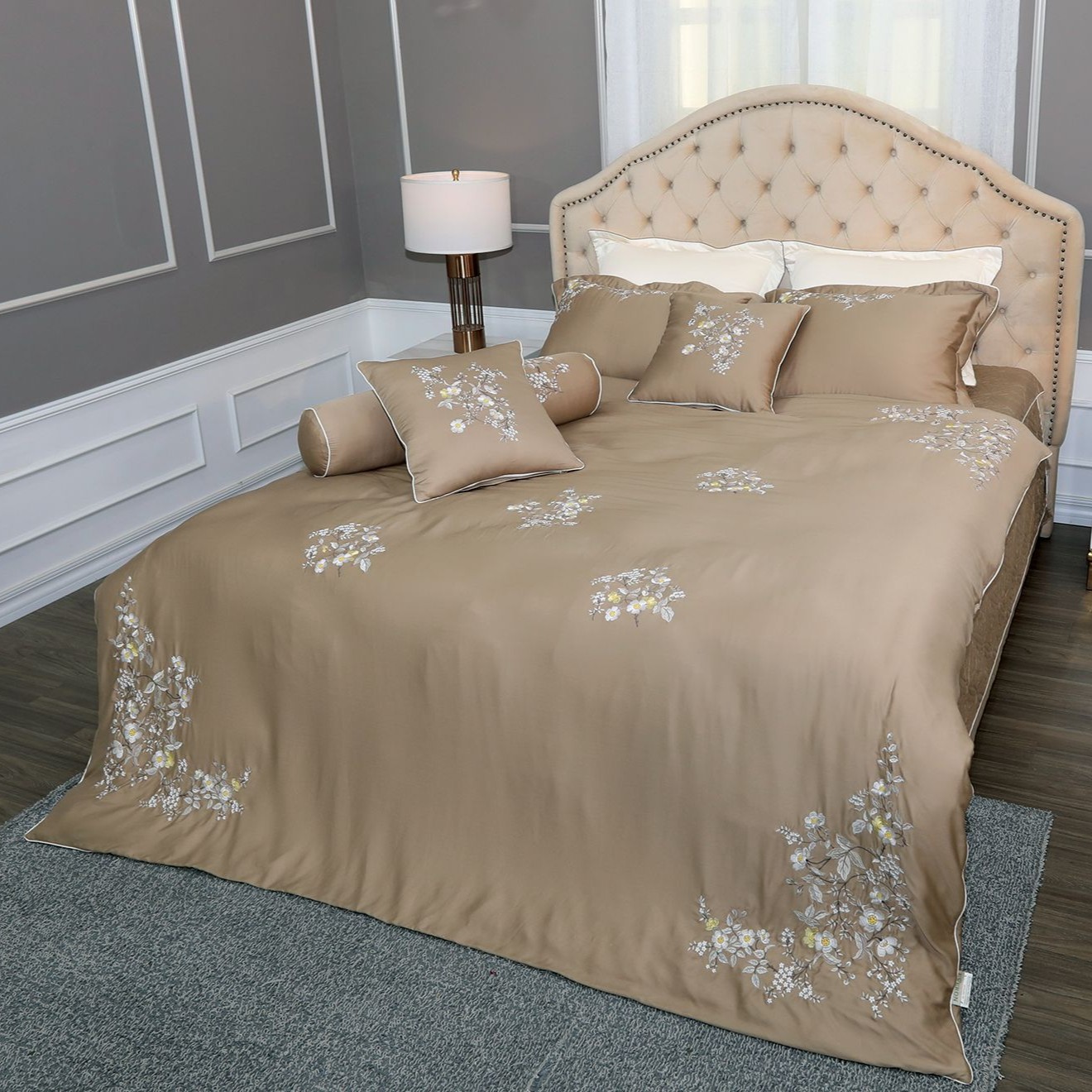 Vỏ chăn Everon 2m*2m2 EST 20031 màu nâu (Vải tencel cao cấp) họa tiết thêu