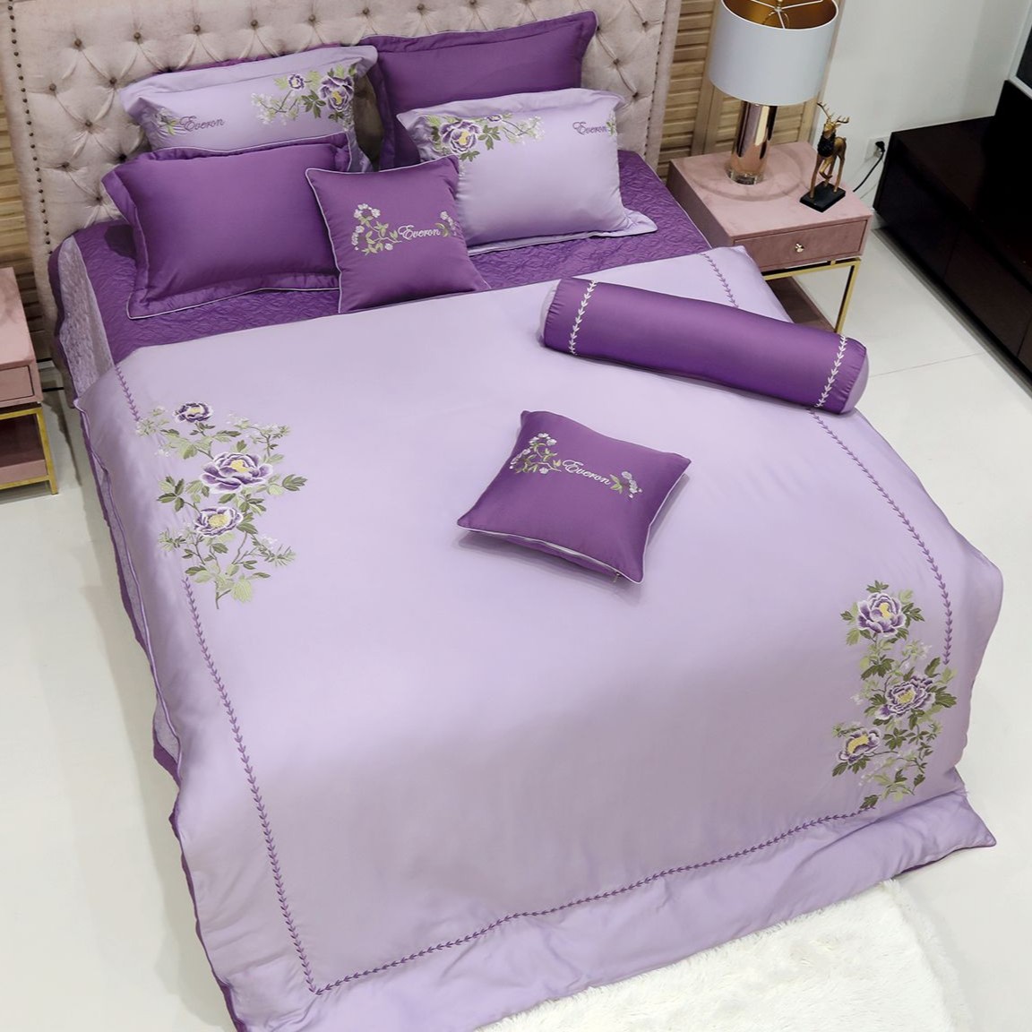 Vỏ chăn Everon EST 20034 màu tím pastel (Vải tencel cao cấp) họa tiết thêu