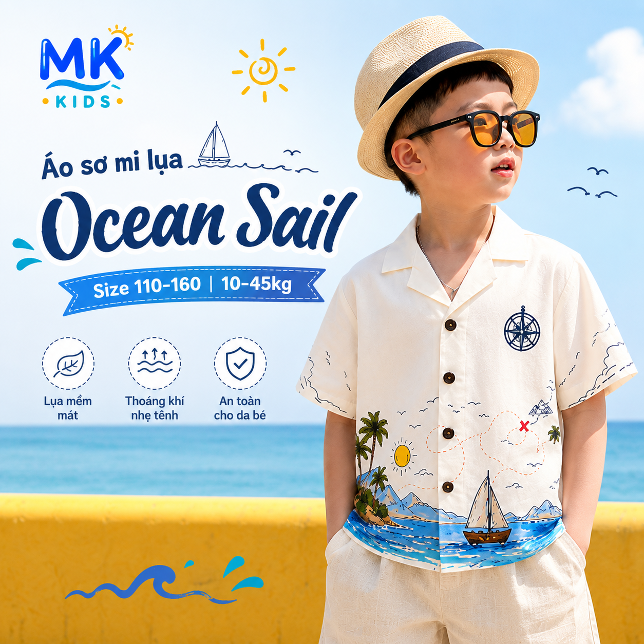 Áo sơ mi lụa bé trai Ocean Sail Kid