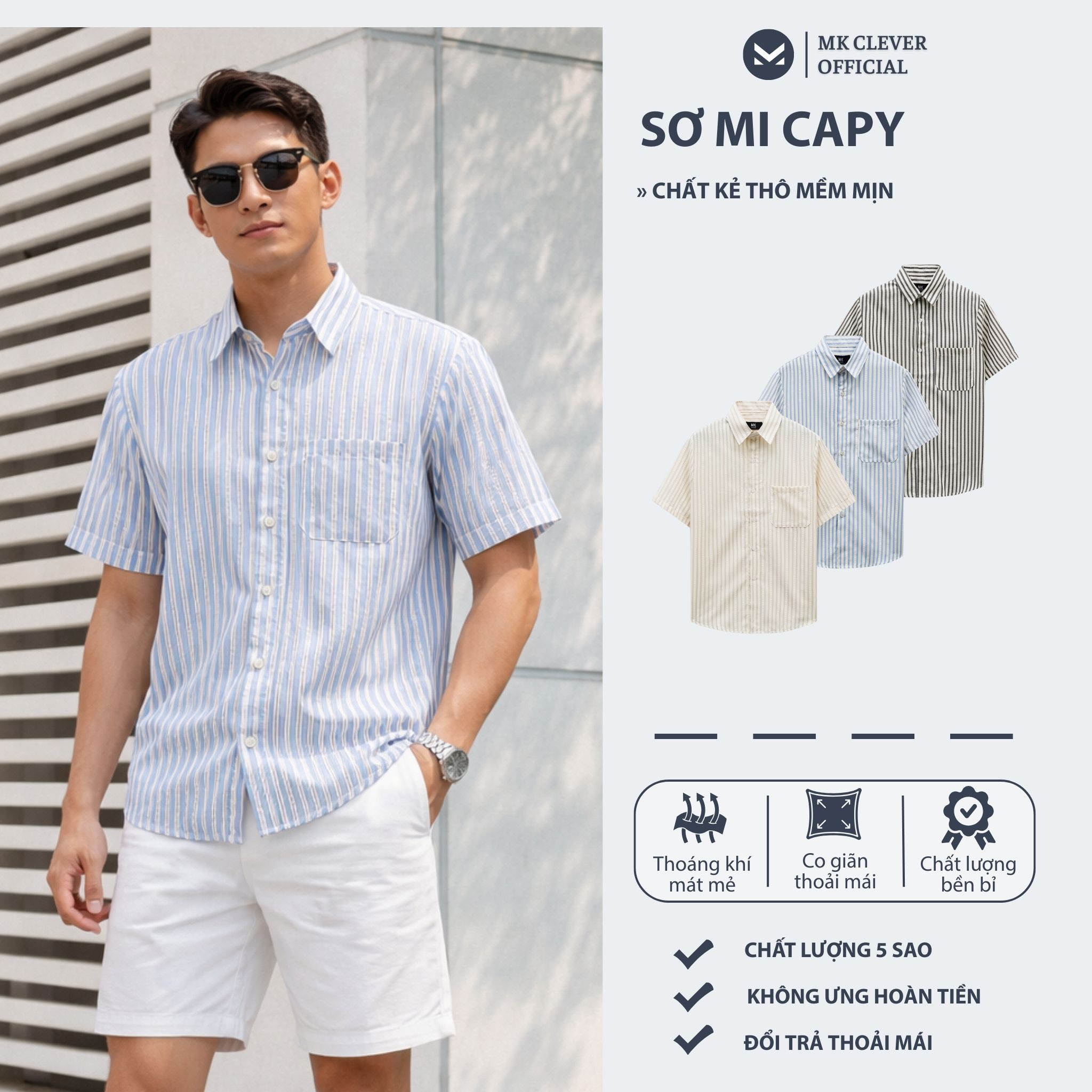 Combo Áo Sơ Mi Kẻ Capy và Quần short kaki Excool MKCLEVER