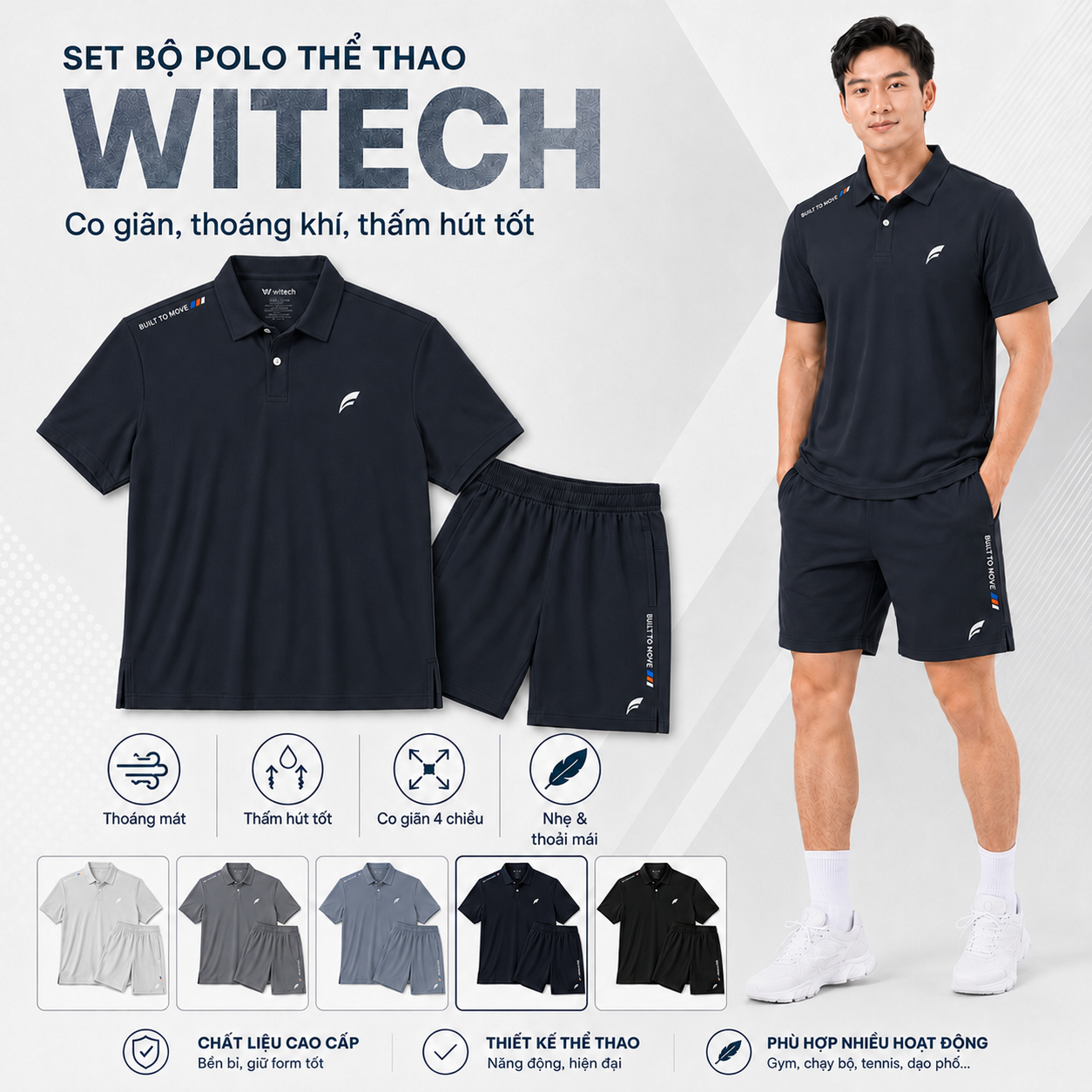 Set bộ polo thể thao 5 màu Witech - MK Sport
