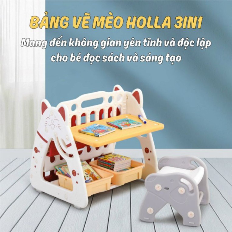 Bảng vẽ mèo HOLLA 3in1 (kèm ghế, bút màu) - Món quà ý nghĩa cho bé - Bảng vẽ + kệ + ghế