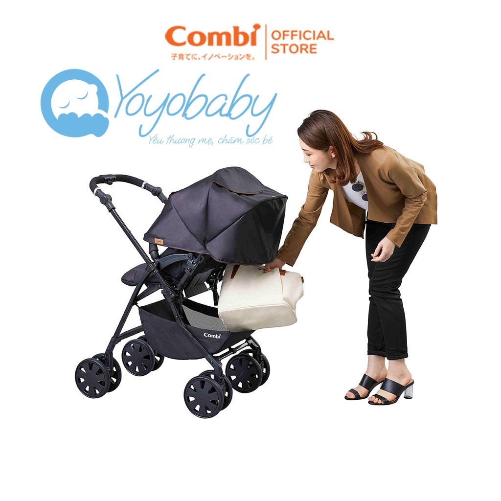 Xe đẩy Combi CrossGo 4 bánh quay tự động màu Kẻ Ghi/Xanh Blue