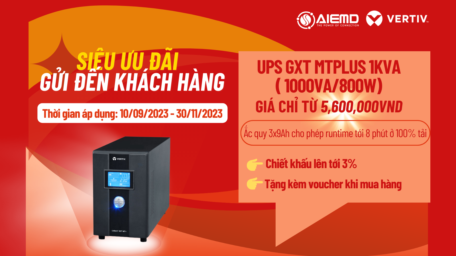 BỘ LƯU ĐIỆN UPS VERTIV LIEBERT  GXT MT+ 1000VA/800W