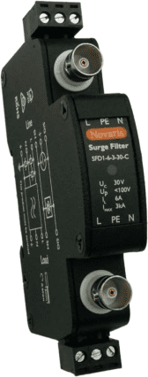 J343-1 Novaris SFD1-6-3-30-C Combined surge protector, 6A, 30V surge filter, BNC FF, 10V clamp