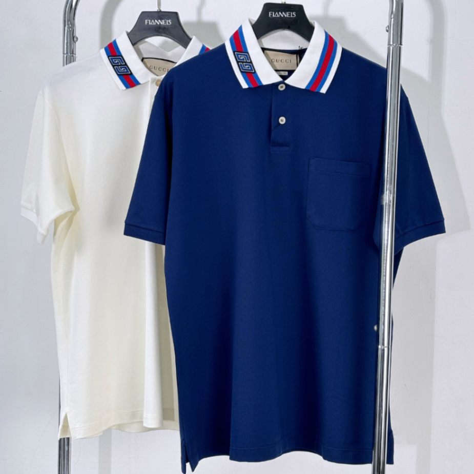 Áo Polo Gucci Collar Logo Cotton Piquet With Square GG In Blue