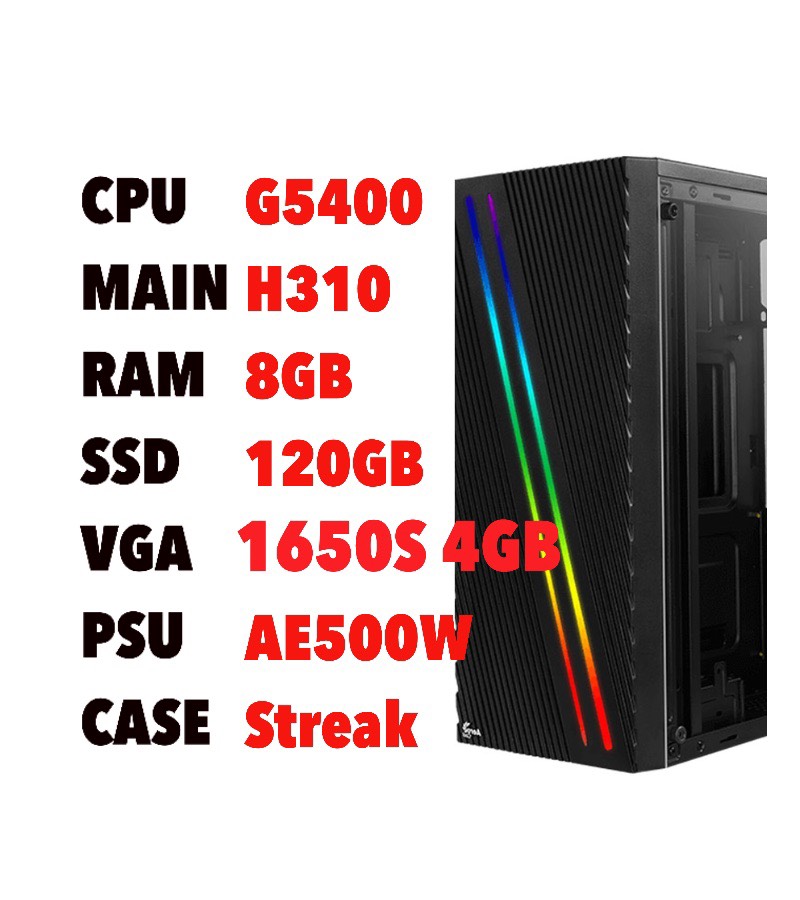 PC Intel G5400 3.7 GHz/Main H310/Ram 8G/Vga 1650-4G/SSD 120G/PSU 500W/Case RBG Aerocol
