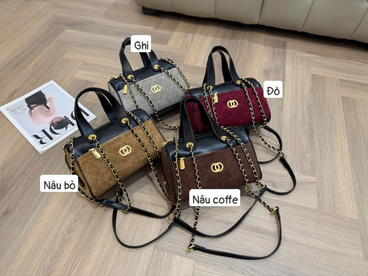 1518QC# Túi trống vân trám viền đen