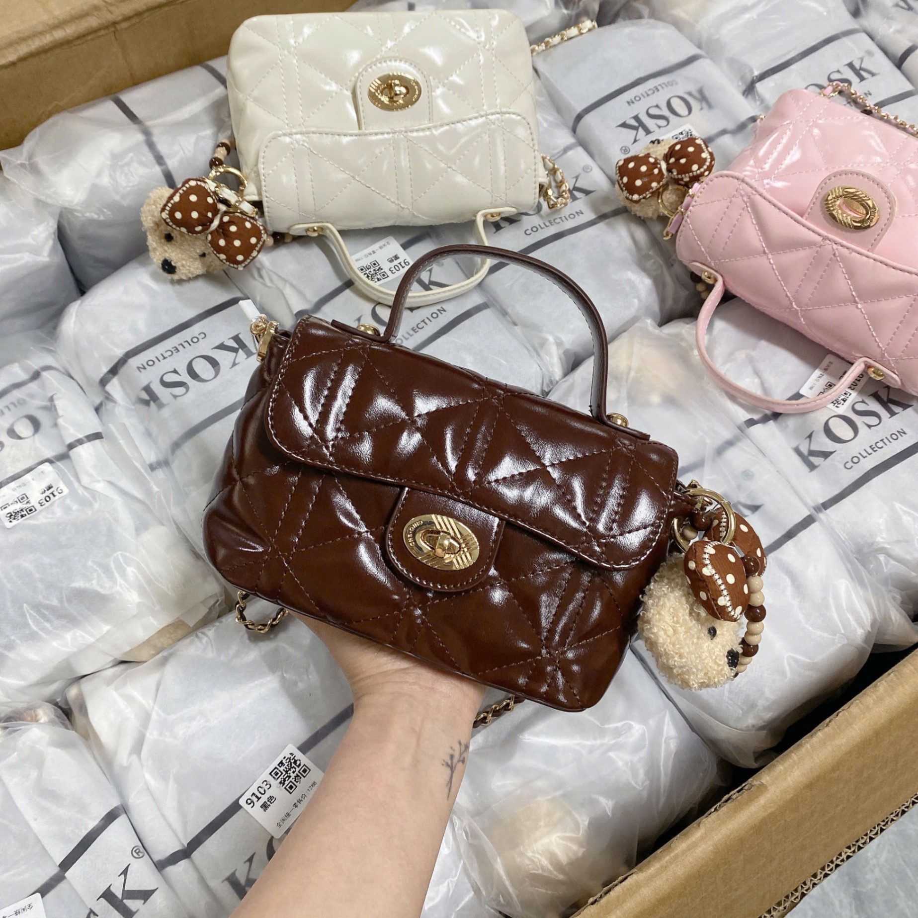 HS355# Túi xách Chio'2nd dáng ngang charm gấu nơ