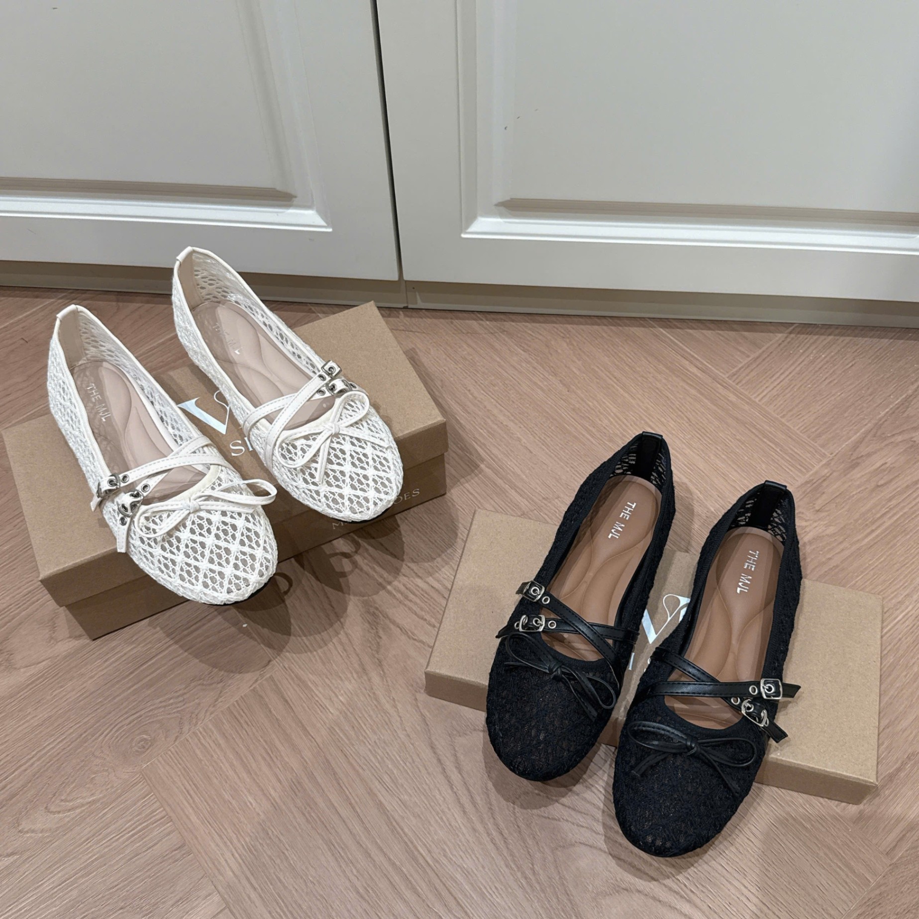 R3227-1# Giày búp bê dạng lưới đính nơ