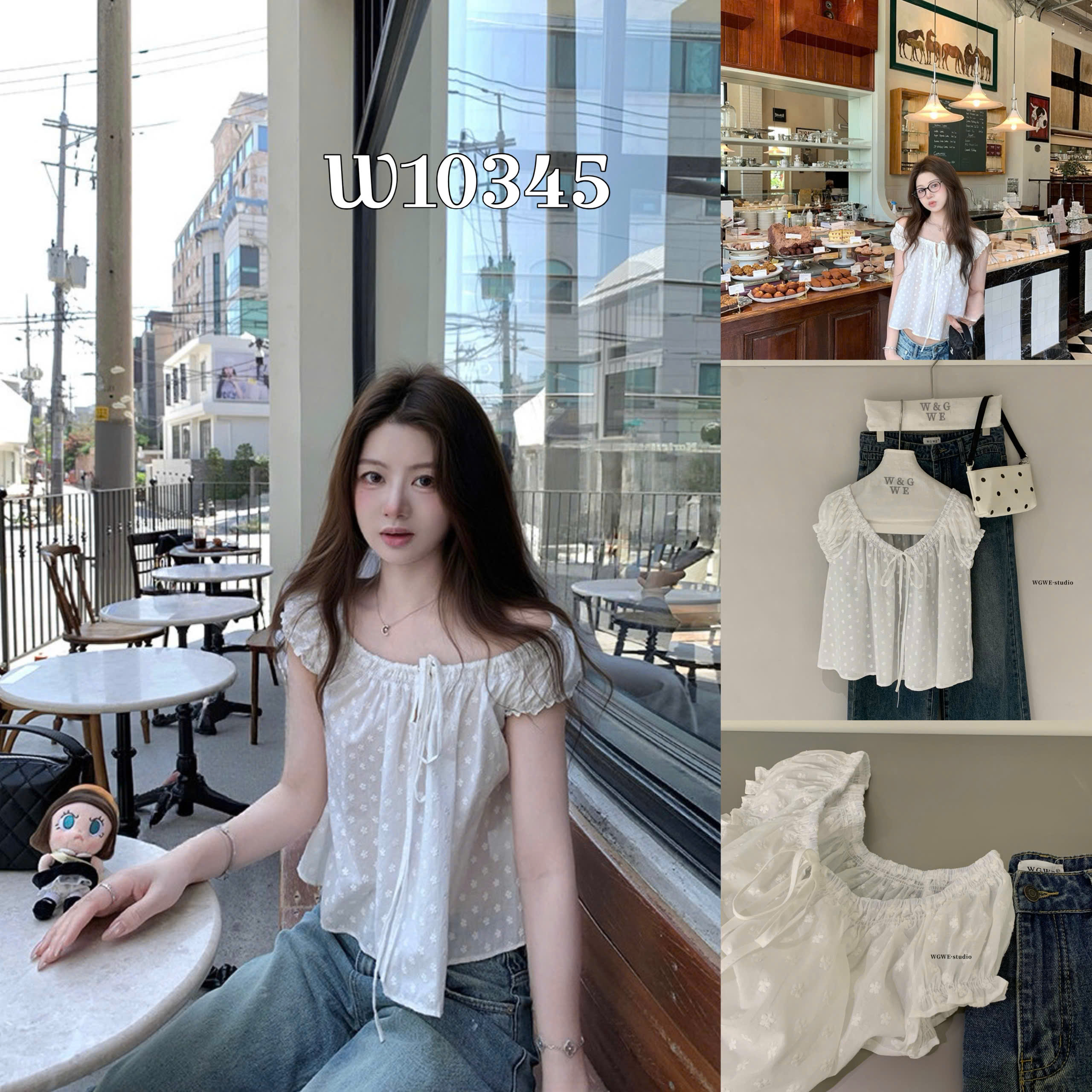 W10345# Áo WGWE trắng cổ tròn chấm bi