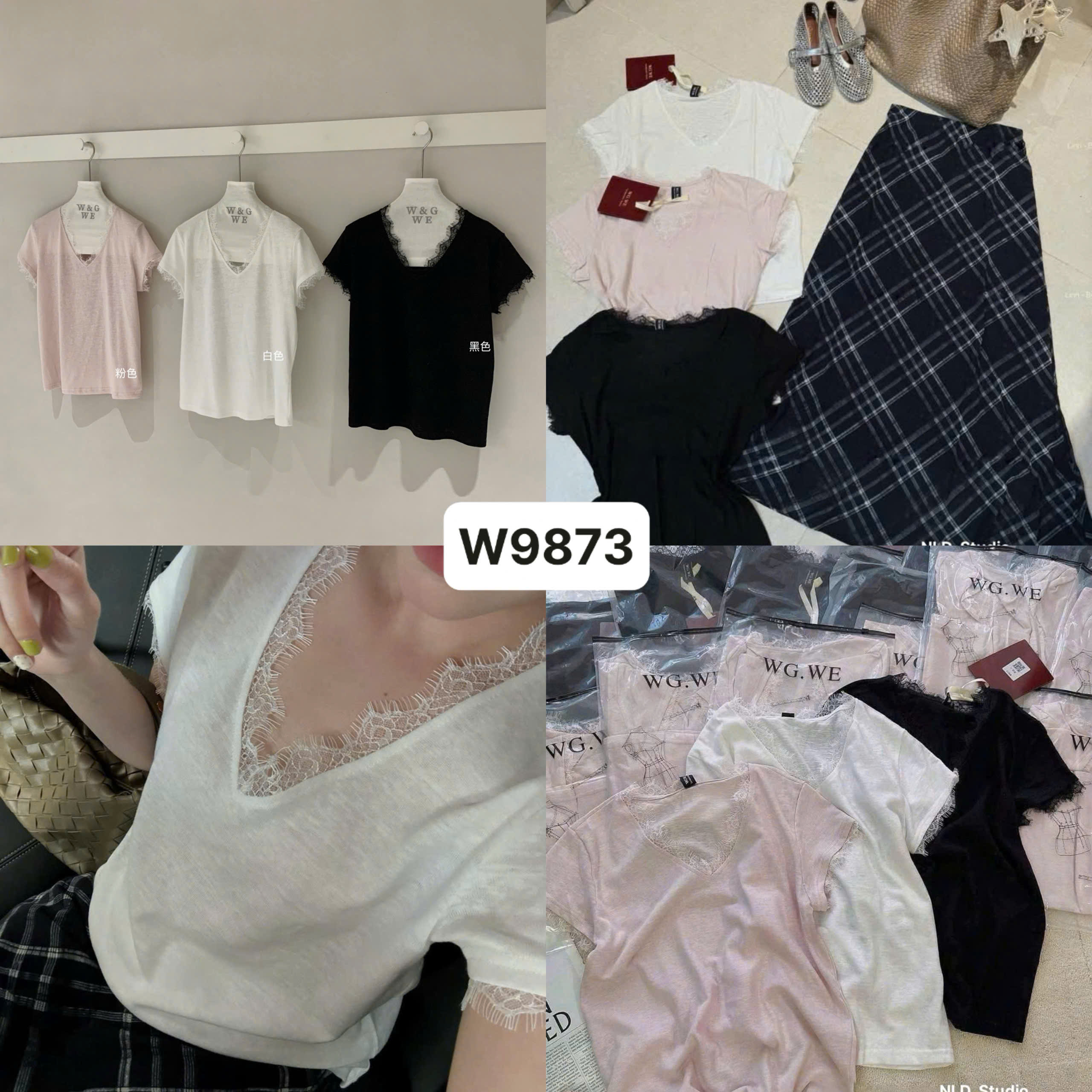 W9873# Áo thun WGWE cổ V viền ren