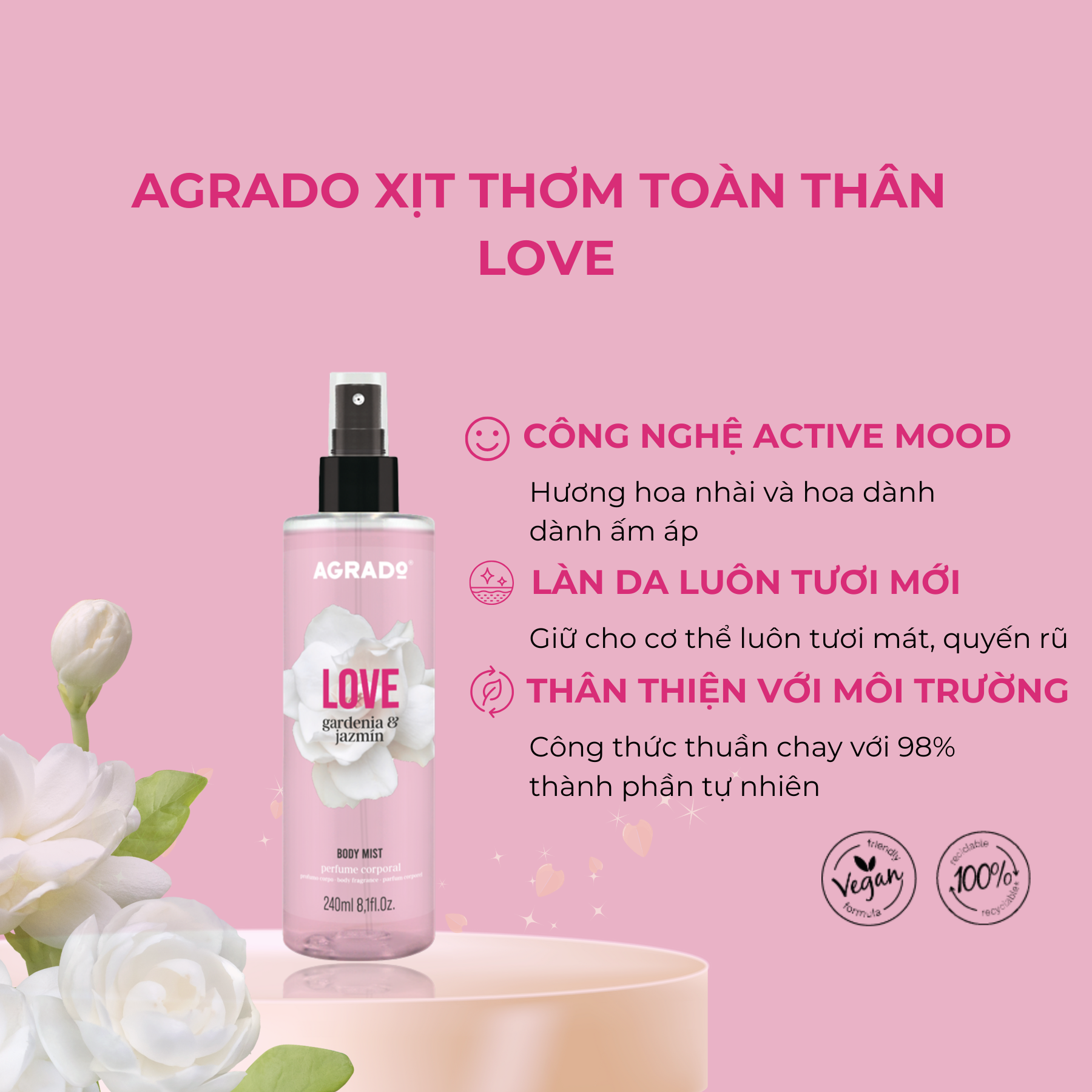 Agrado Xịt thơm toàn thân Body Mist Love 240ml 